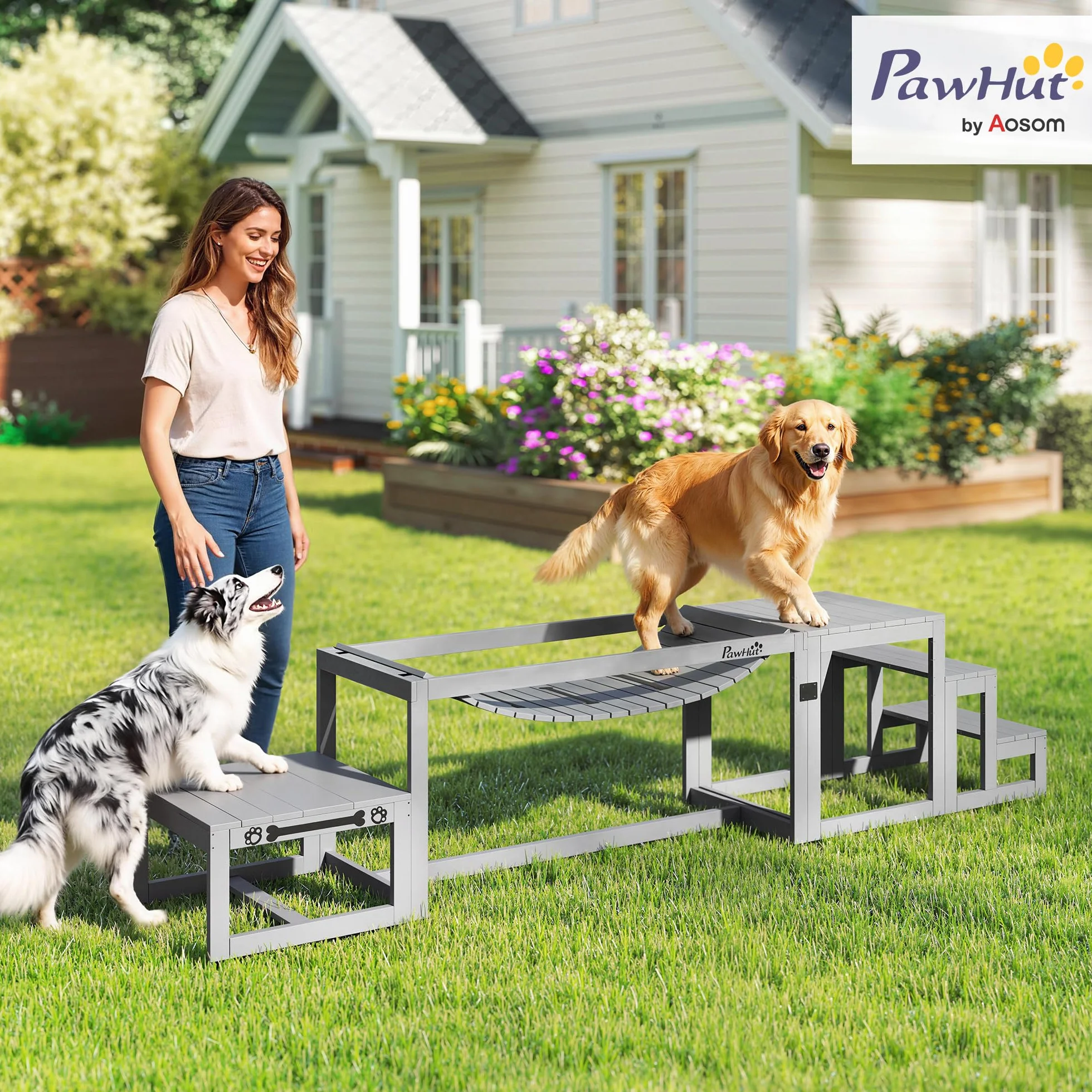 PawHut Kit d'agilité pour Chien 3 Pièces Pont Souple Plateforme de Pause Escalier Bois Massif Gris
