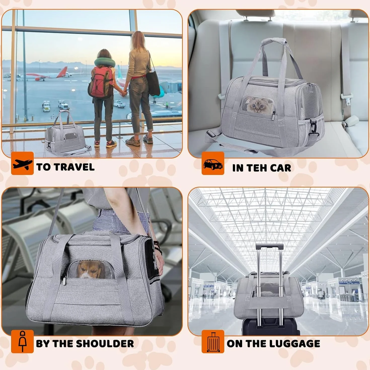 Sac de Transport pour Chat Chien avec Matelas Amovible et Bol, Pliable et Respirant (Gris)