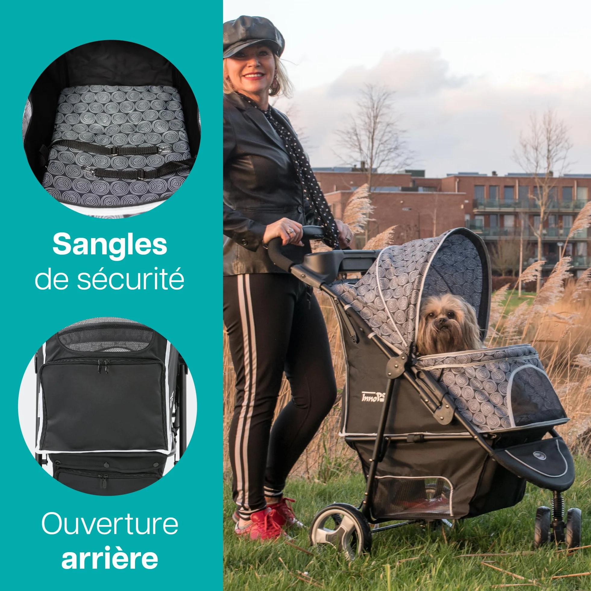 Poussette pour chien Innopet Allure Onyx - Design élégant - Roues pivotantes à 360° - Panier de rangement - Poussette pour animal compacte et pliable