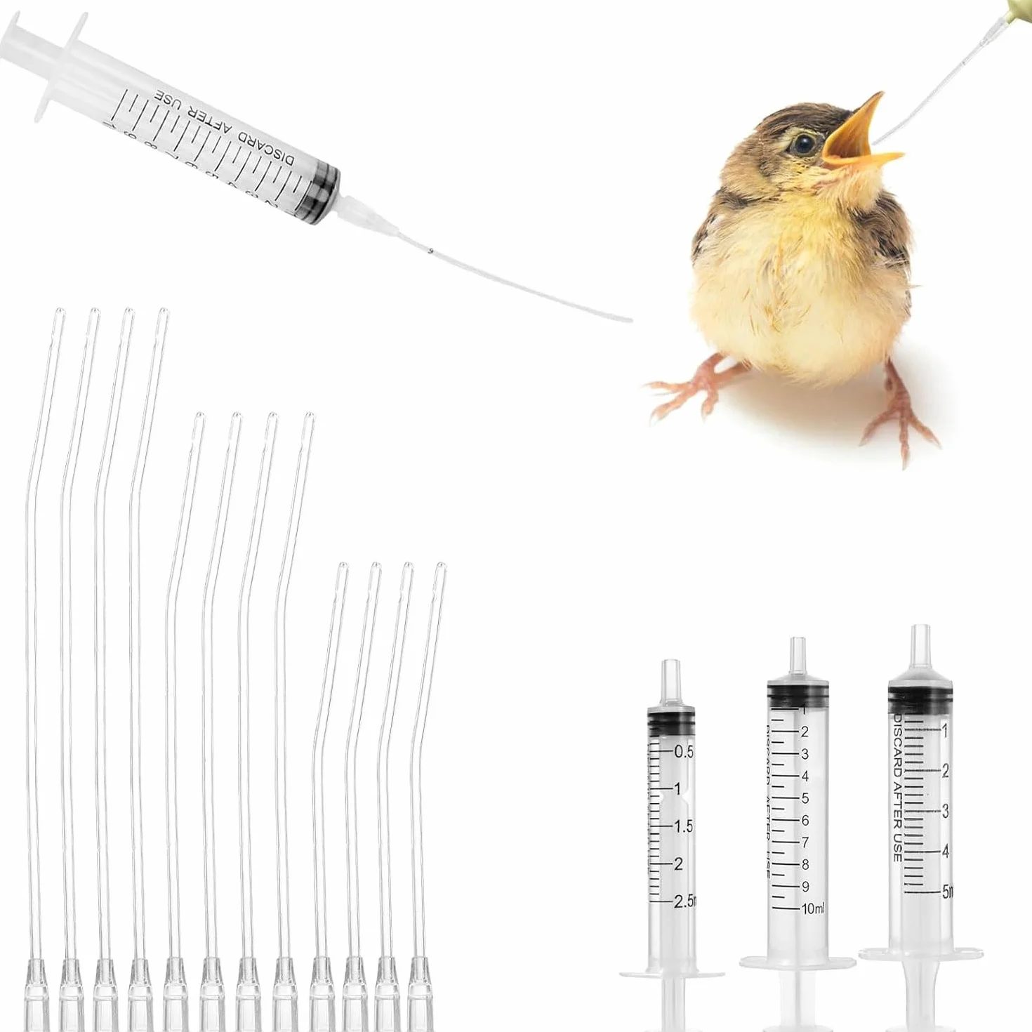 Lot de 15 tuyaux d'alimentation pour oiseaux avec seringues 2.5,5,10 ML - Outil manuel pour nourrir bébés oiseaux