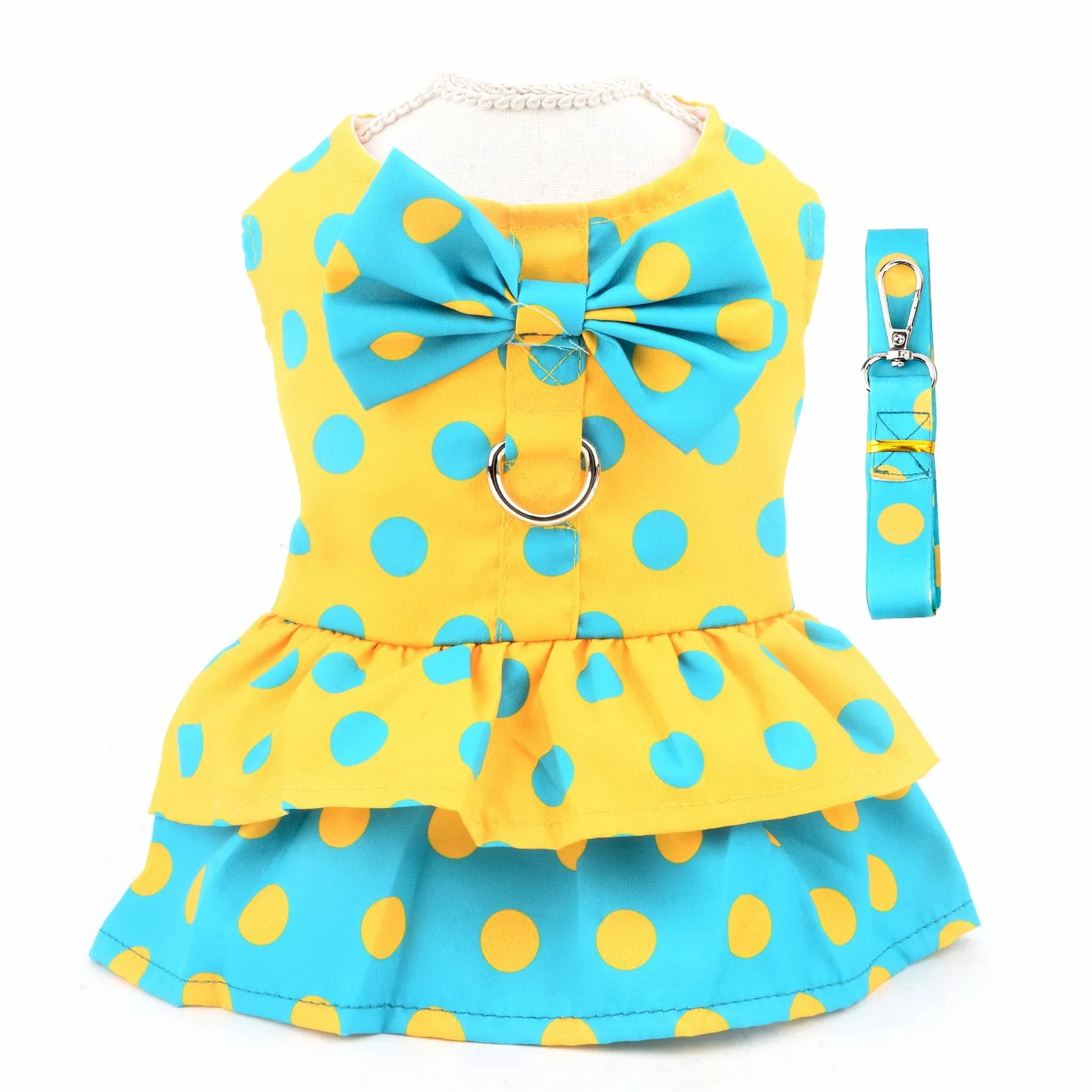 Robe Harnais pour Chien avec Laisse et Nœud - Anneau en D - Vêtements d'été - Pois Jaunes - Taille M