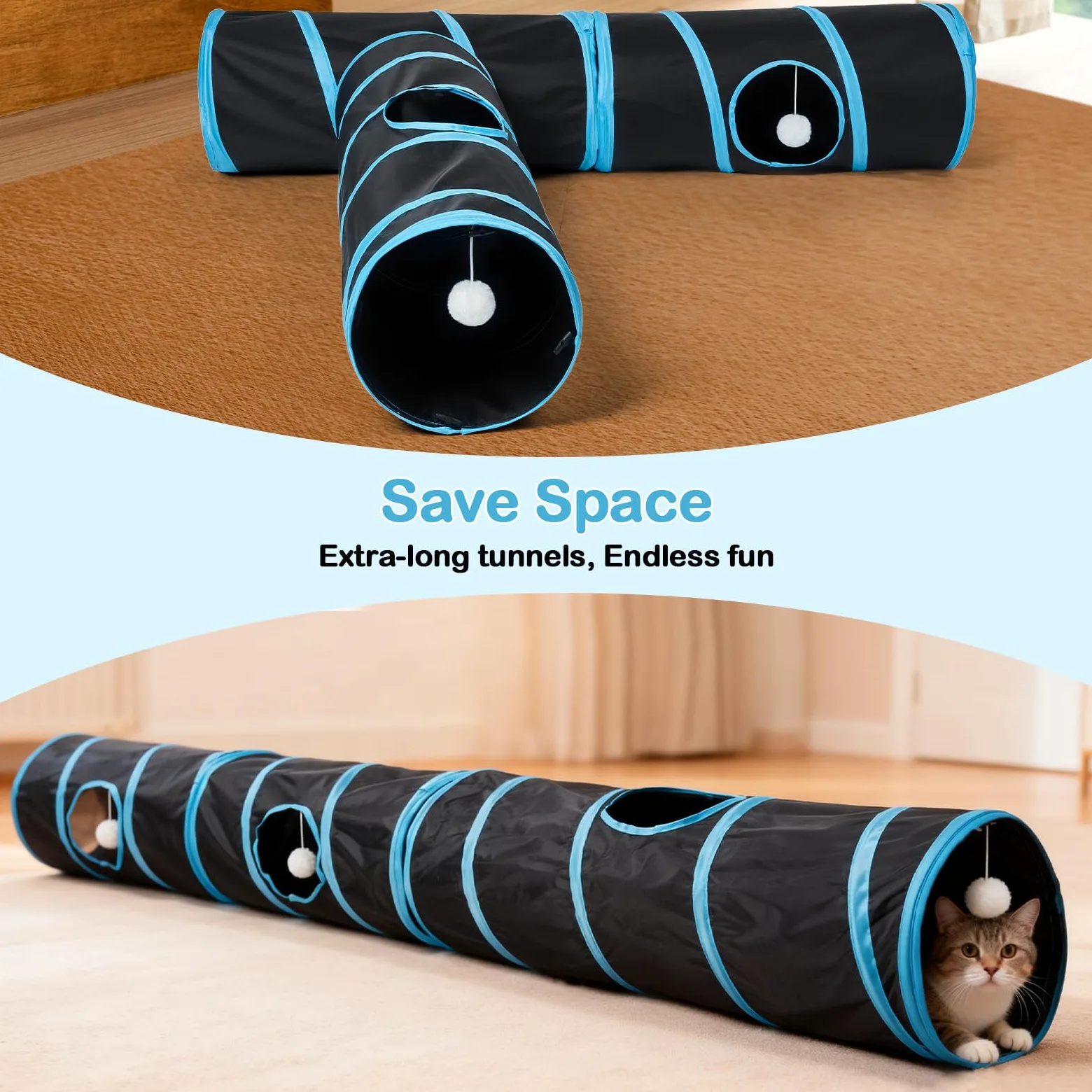 Tunnel pour chat - 3 tunnels droits pour animaux de compagnie - 6 formes à faire soi-même avec baguette - Résistant aux rayures - Tubes pliables pour chiots d'intérieur - Chaton - Lapin - Noir - 208,3