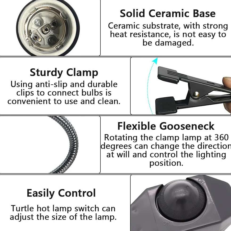 Lotvic Lampe Chauffante Tortue Reptiles 3 Ampoules UVA UVB Thermomètre EVA Clamp Pivotant