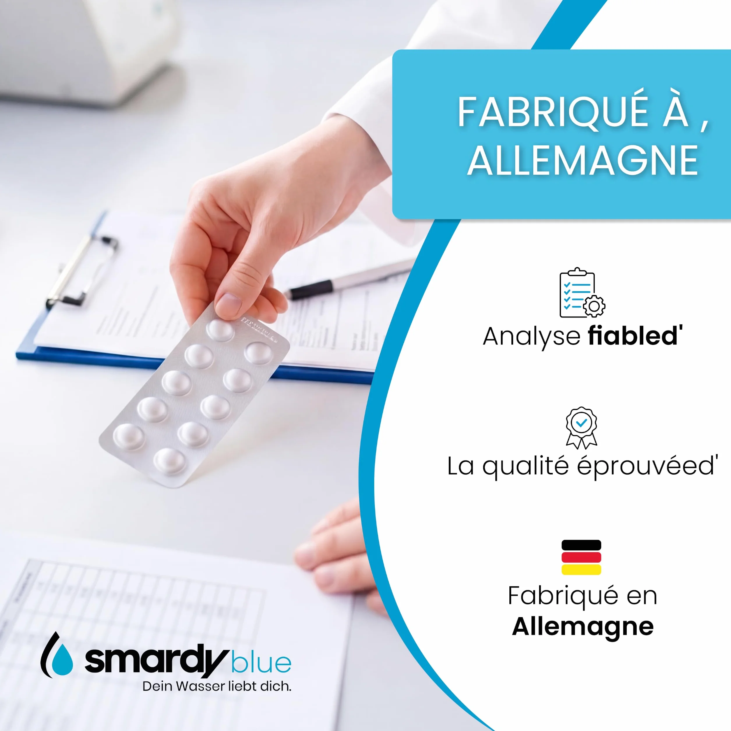 smardy 60 Pastilles de Test pH/Chlore Libre/Brome – pour piscine, spa, whirlpool et eau potable – testeur d'eau manuel avec boîte de rangement – Made in Germany