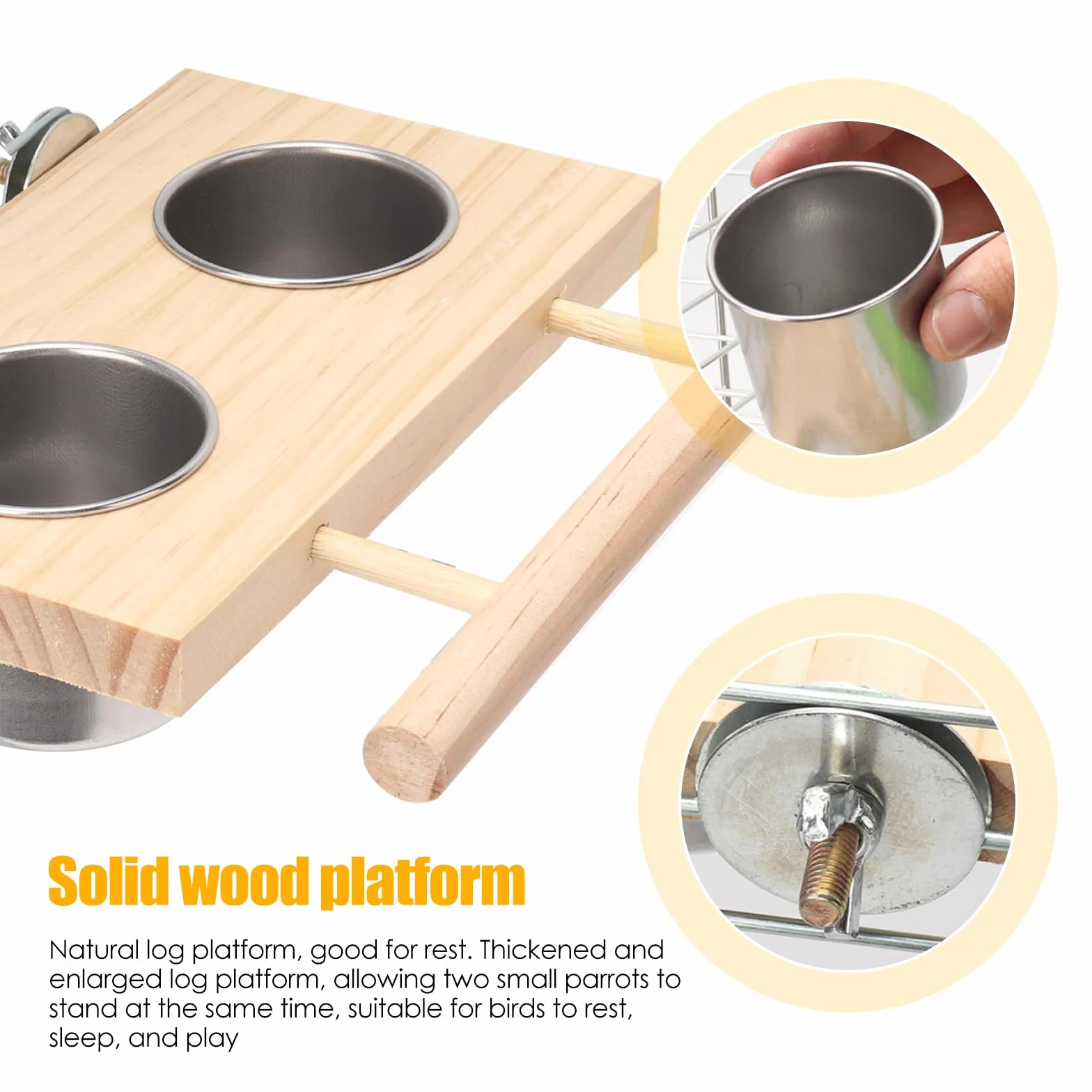 Lot de 2 gamelles pour oiseaux en acier inoxydable avec perchoir en bois, perruches, calopsittes