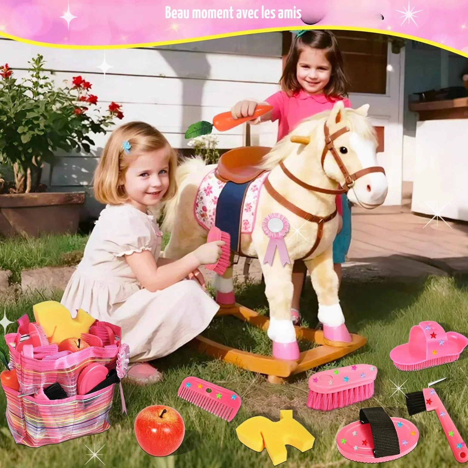 Magic Brush Hobby Horse Accessoires pour enfants - Boîte de nettoyage pour chevaux - Jouet rose avec sac
