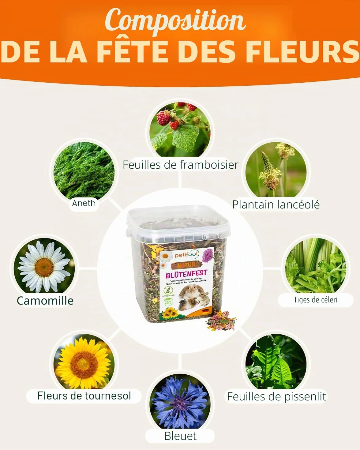 Petifool Blütenfest 380 g Complément alimentaire naturel pour rongeurs lapins cochons d'Inde hamsters chinchilla