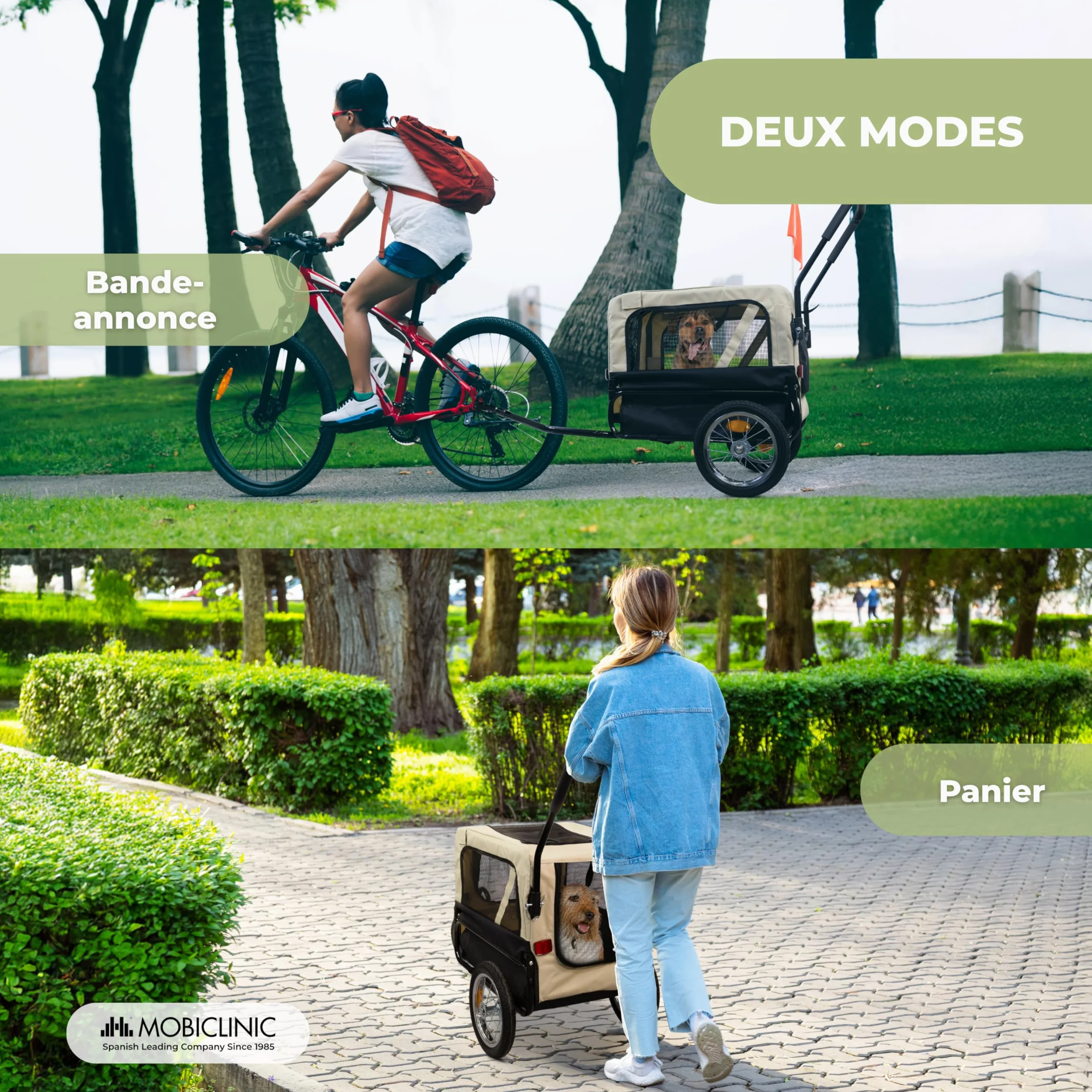 Mobiclinic® Remorque Vélo pour Chien 2 en 1, Jusqu'à 40 kg, Tissu Oxford 600D, 123x67x100 cm