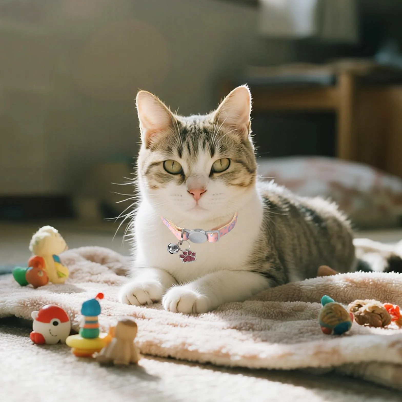 Collier pour Chats Réglable avec Clochette, Boucle de Sécurité, Design Pattes Mignon Rose et Blanc