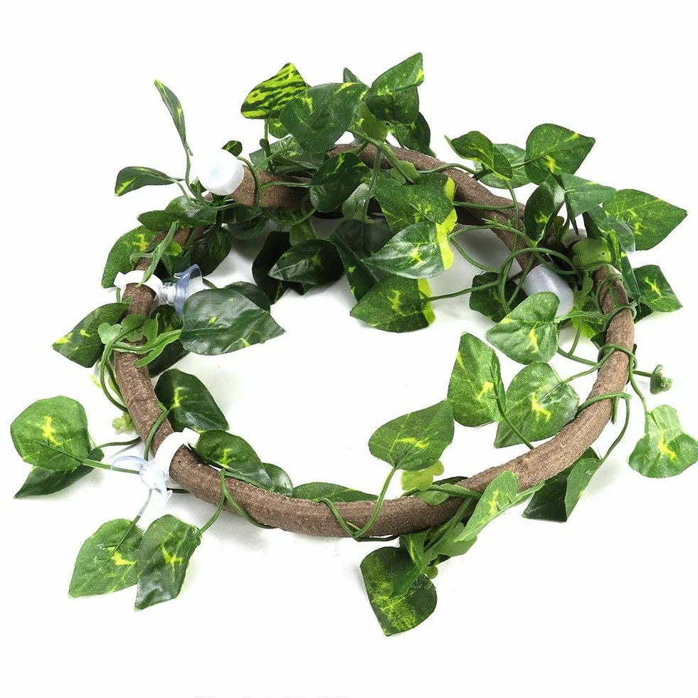 Vignes de Reptiles Artificielles avec Ventouses, Branche d'escalade en Rotin Flexible, 3,28 Pieds avec Feuilles de Scindapsus, pour Serpents