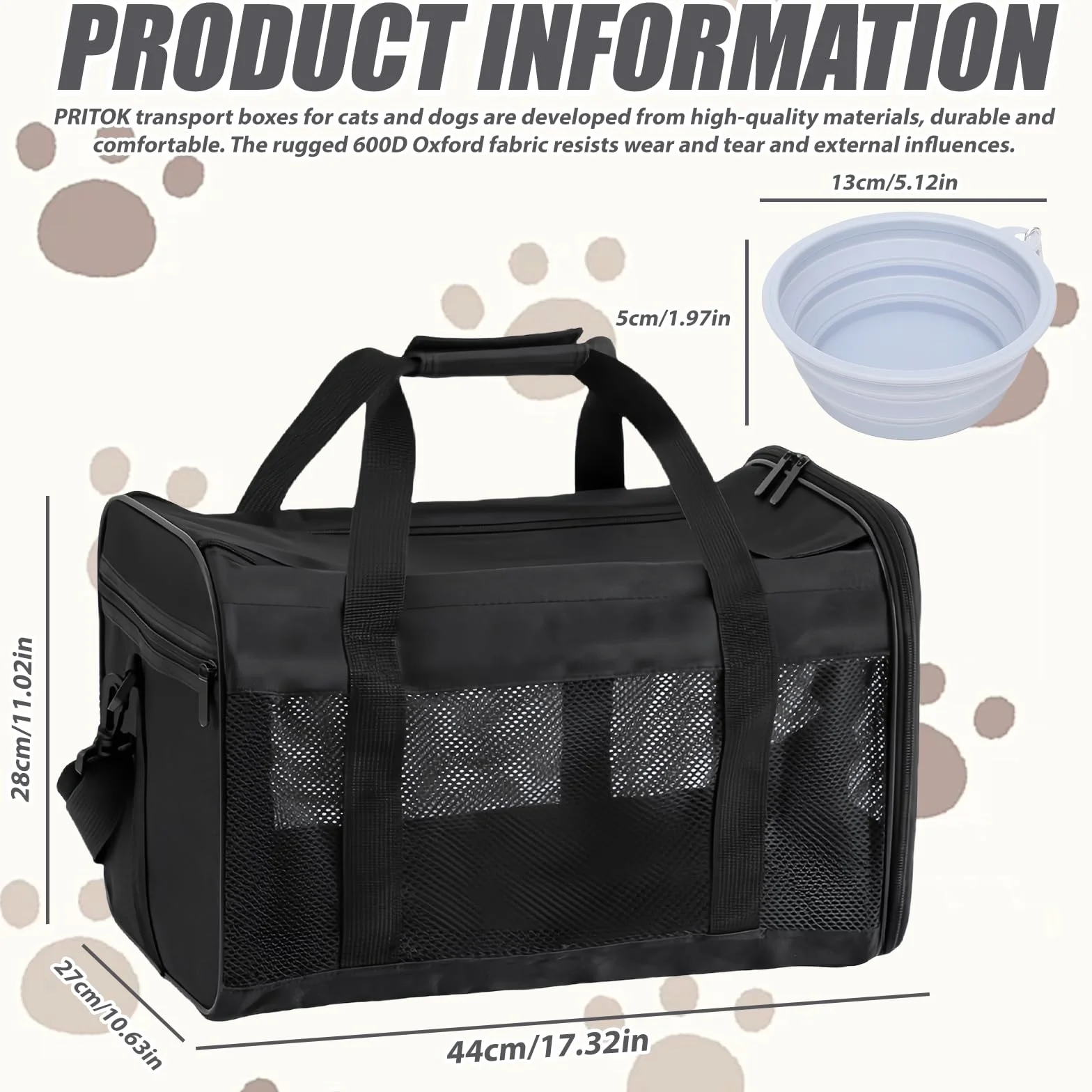 Boîte de transport pliable pour chien et chat 42 x 27 x 28 cm avec gamelle