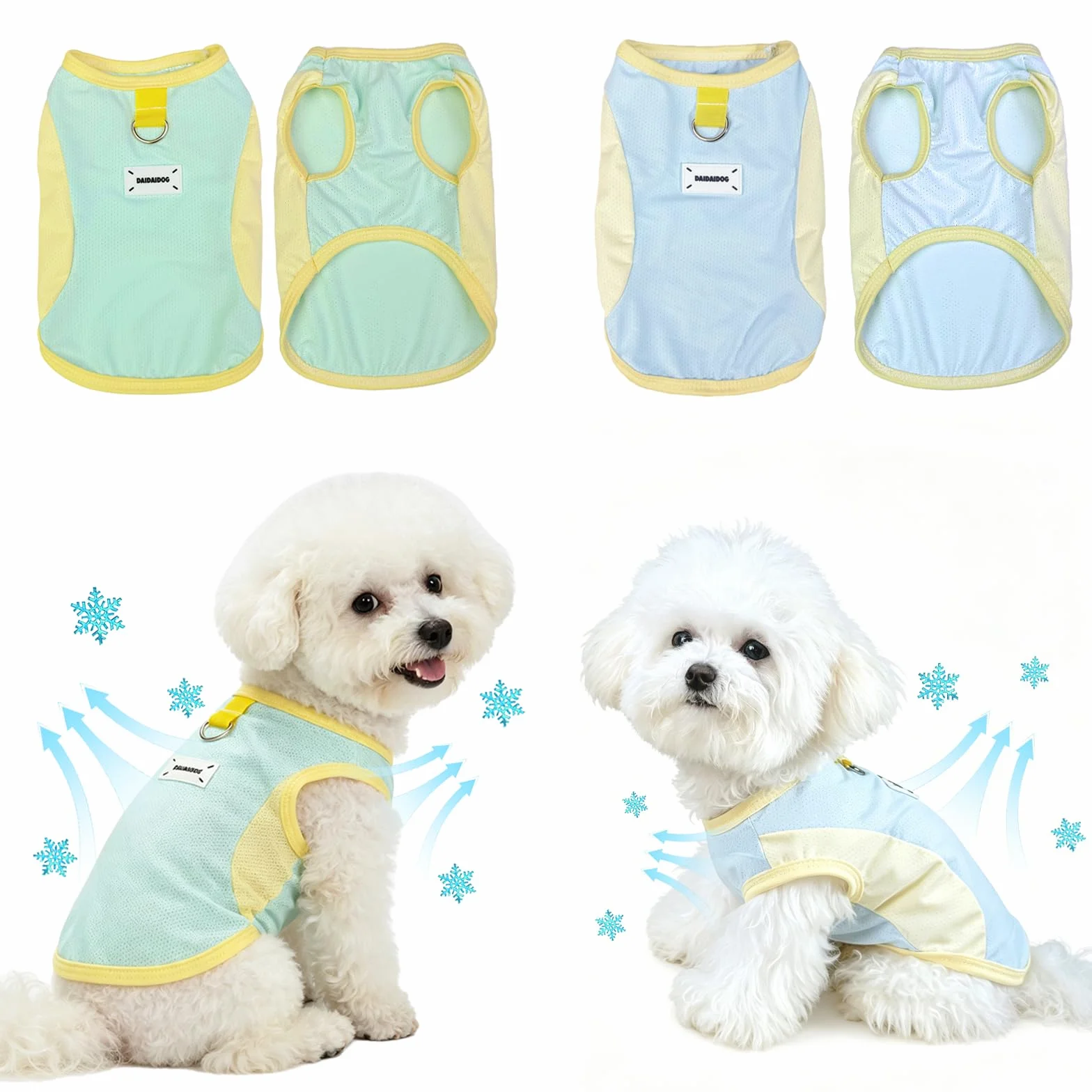 Lot de 2 gilets rafraîchissants pour chien en soie glacée respirante avec anneau en D, manteaux d'été frais pour chiens petite à moyenne taille (vert/bleu) (M)