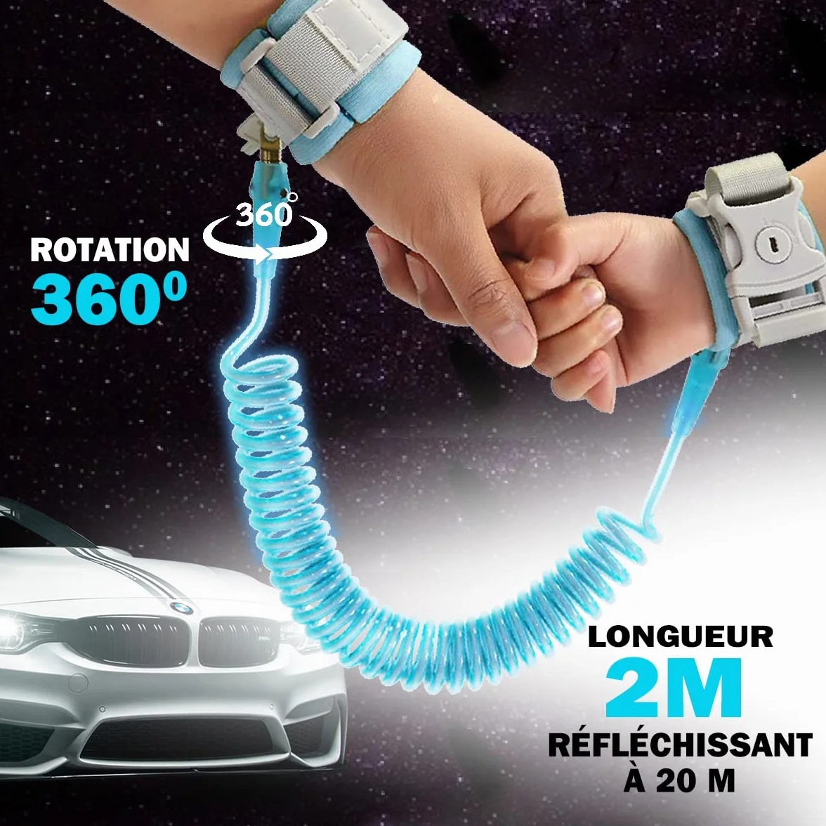 Bracelet Enfant Sécurité BLEU 2m - Laisse Enfant Poignet, Harnais Poussette