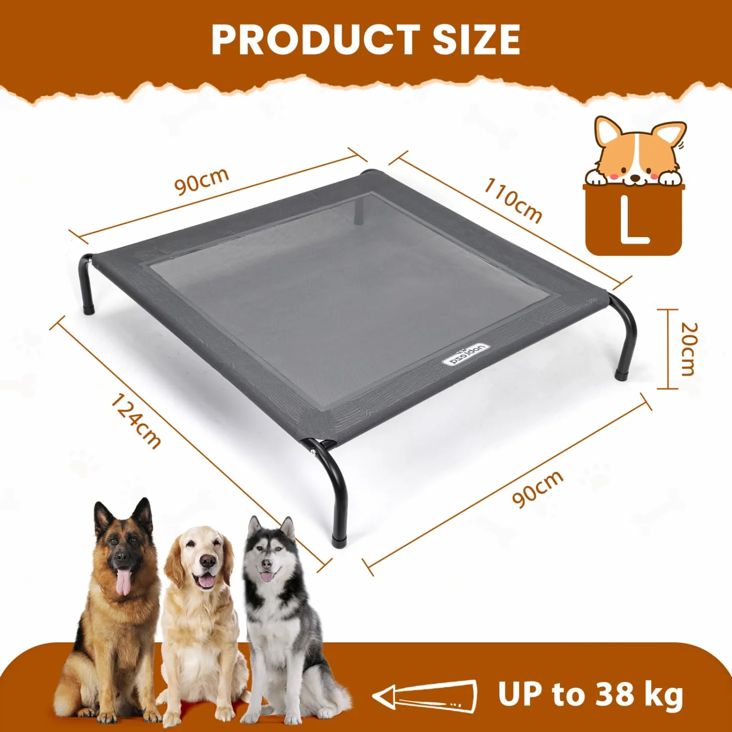 Nobleza Panier Chien Surélevé Camp Intérieur Extérieur Lavable Respirant Gris L 124x90x20CM