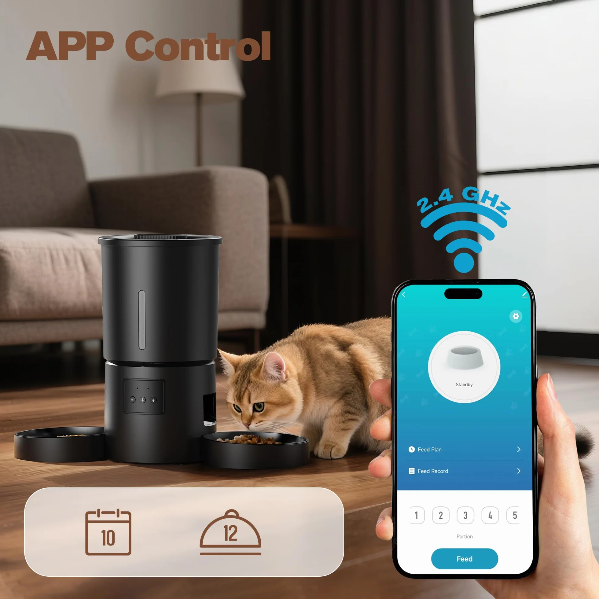 Distributeur Automatique de Croquettes AONBOY Double 5L WiFi 2.4G avec Minuterie APP pour Chat Chien Noir