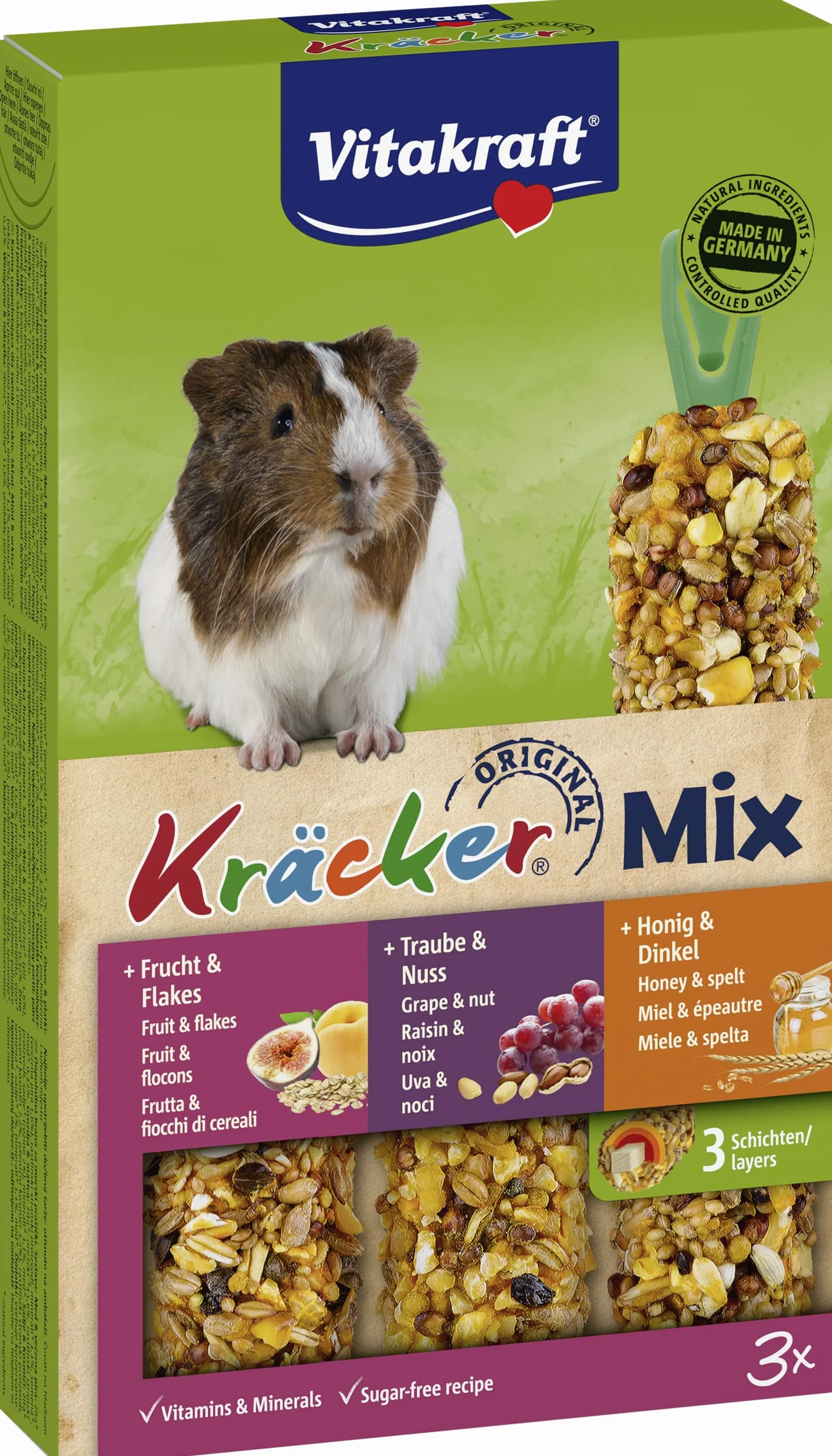Vitakraft Kräcker Trio Mix Friandise Cochons d'Inde Miel Noix Fruits Baguettes Vitamines Minéraux 168g