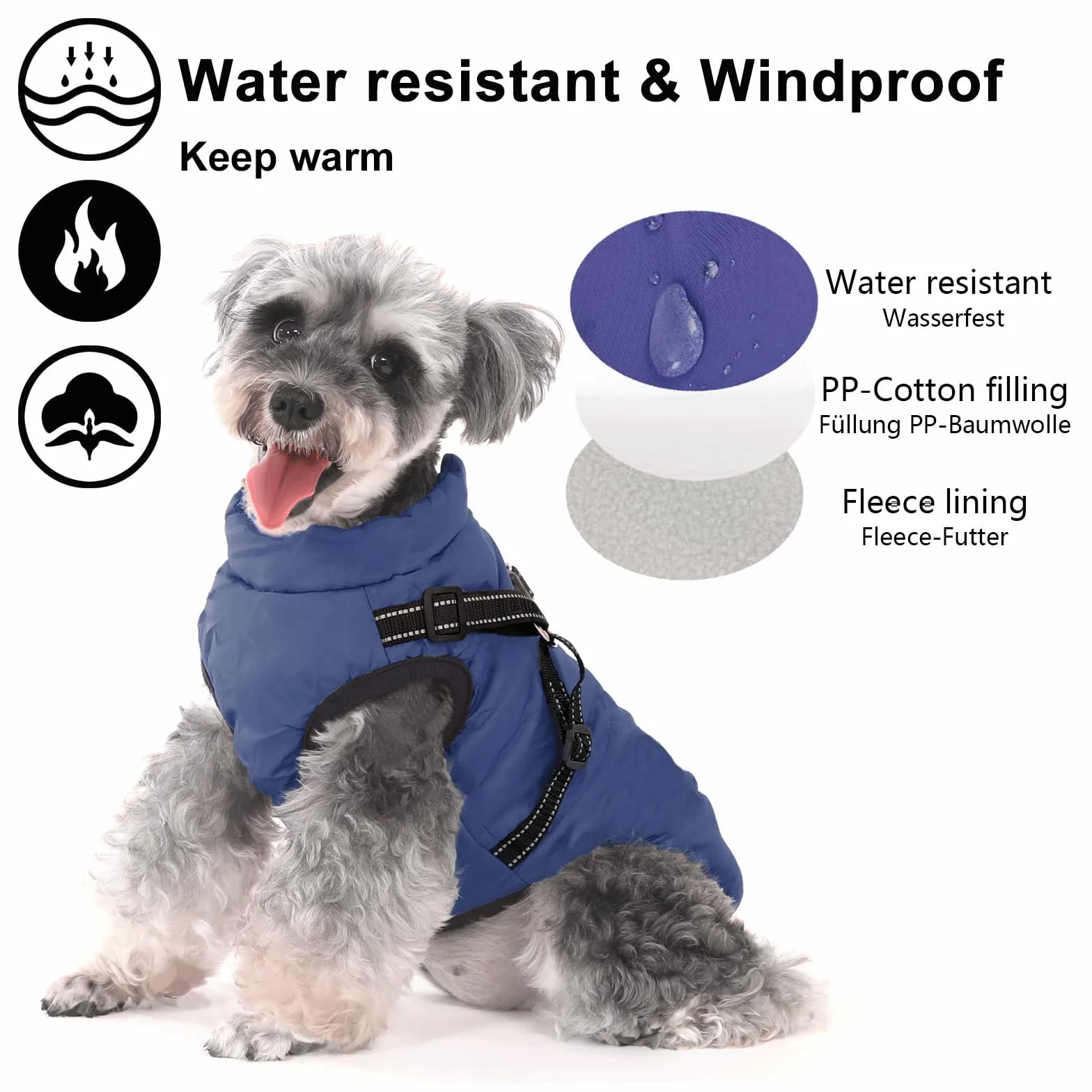 Manteau d'hiver chaud imperméable pour petit chien avec harnais et bandes réfléchissantes