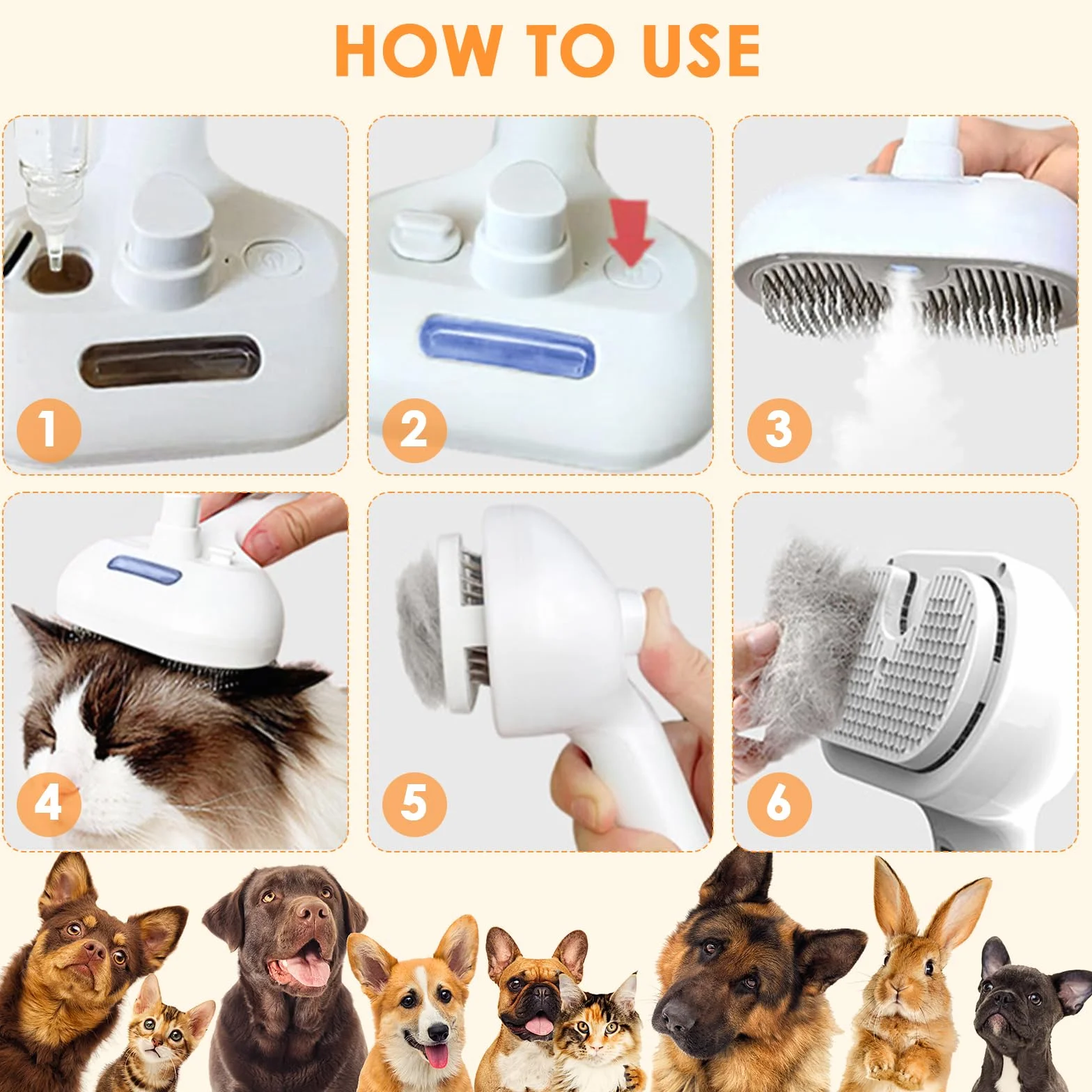 Brosse à vapeur 3-en-1 pour chien et chat avec vapeur froide et embouts en gel, démêlage douce pour poils perdus, réservoir d'eau