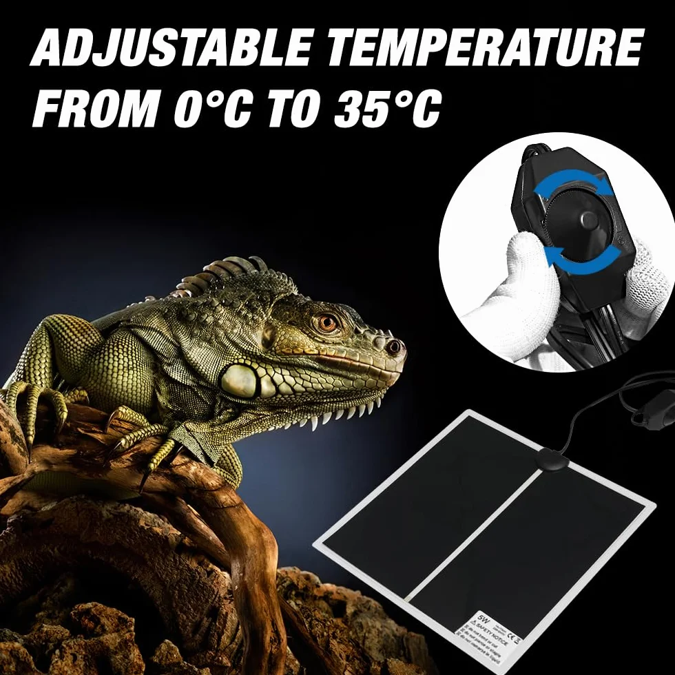 Tapis Chauffant Reptile 5W avec Contrôle de Température 14x15cm pour Terrarium Tortue Serpents Lézards Geckos