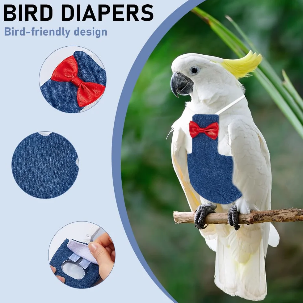 Harnais Couche pour Oiseaux Combinaison Vol Smoking pour Calopsitte Costume Nettoyable Réutilisable avec Ressort Corde Fil Acier pour Perroquets Pigeons