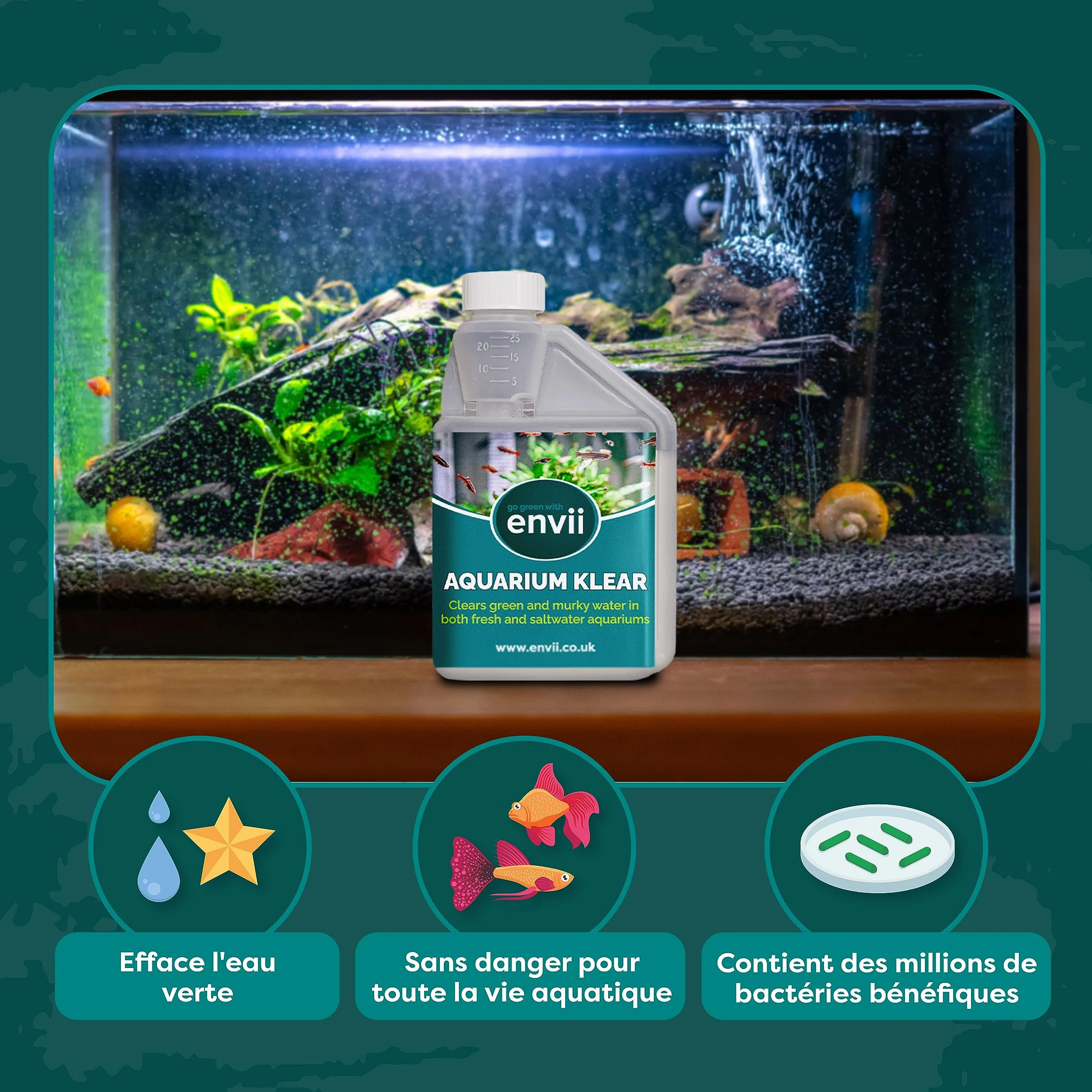 Envii Aquarium Klear - Traitement Aquarium Eau Verte - Produit Bacterie Entretien Aquarium Eau Douce - Traite 4000 litres