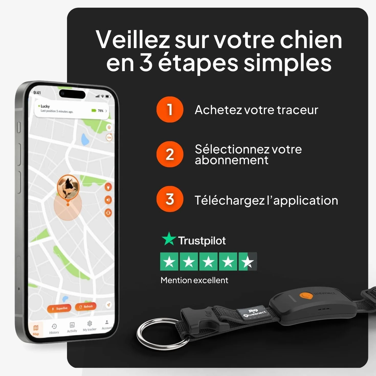 Weenect Chien XT GPS Collier Chien Antenne XL Etanche Julius-K9 Noir