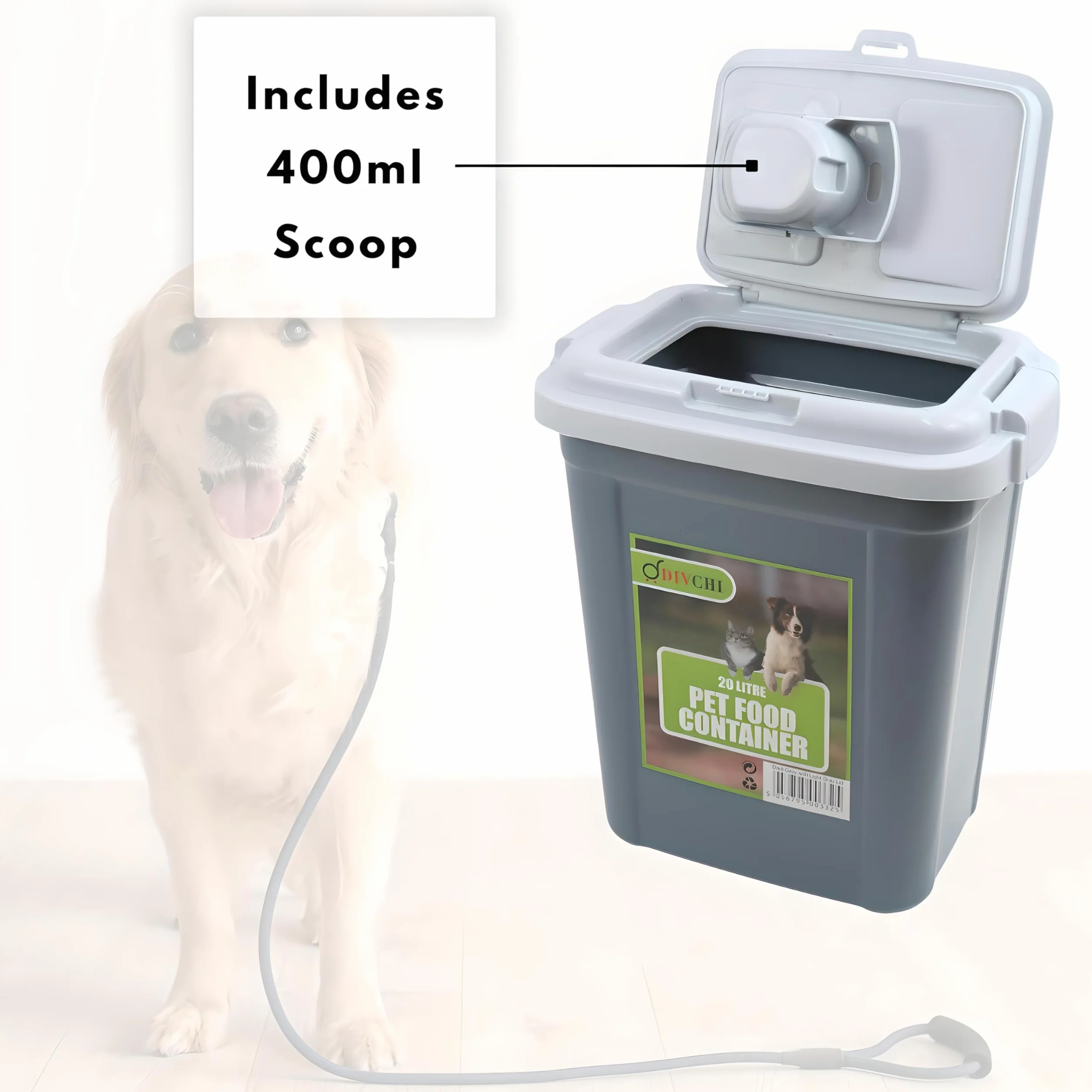 DIVCHI Conteneur de stockage d'aliments pour animaux domestiques avec système de verrouillage à rabat avec pelle intégrée en plastique hermétique pour oiseaux, chiens, chats, animaux domestiques (gris