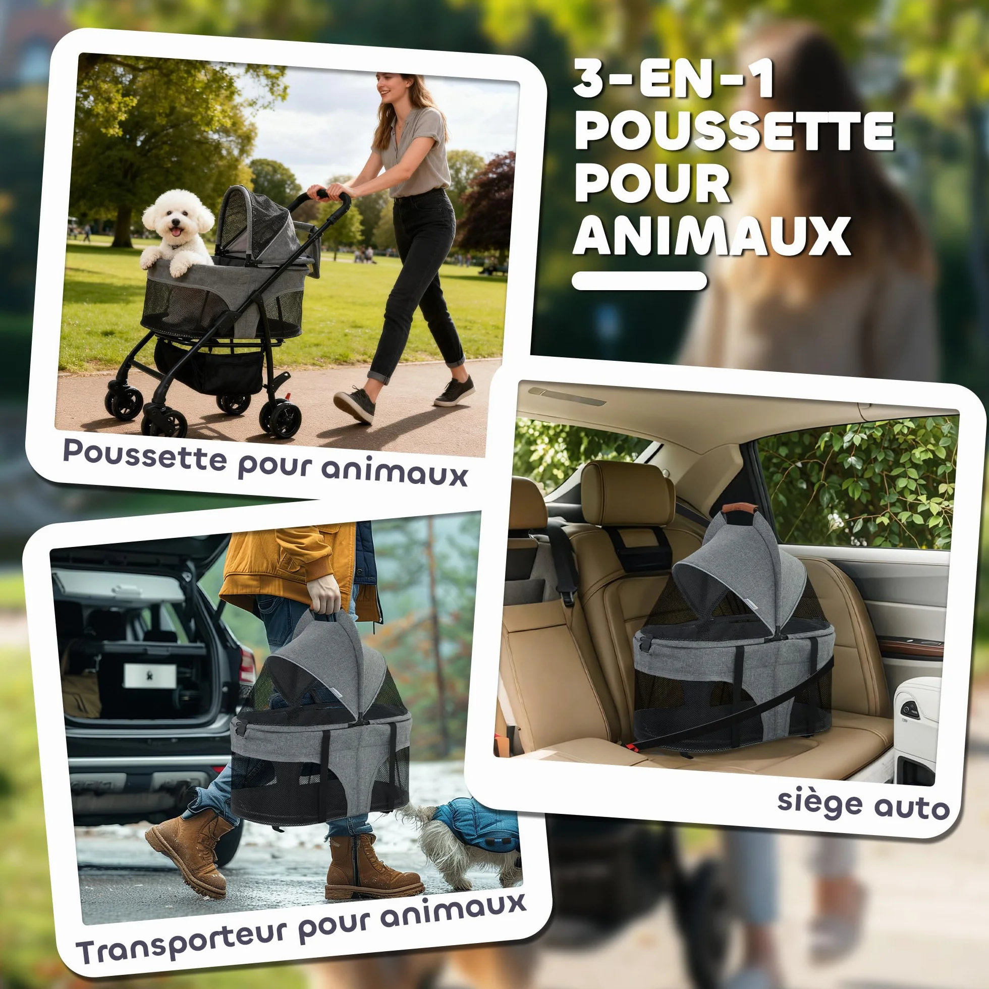 PawHut Poussette pour Chien 3 en 1 Détachable - Pousse-Chien Pliable avec Nacelle Amovible et Sans Fermeture Éclair - Suspension Tout-Terrain pour Petits Chiens et Chat de 10kg, Gris