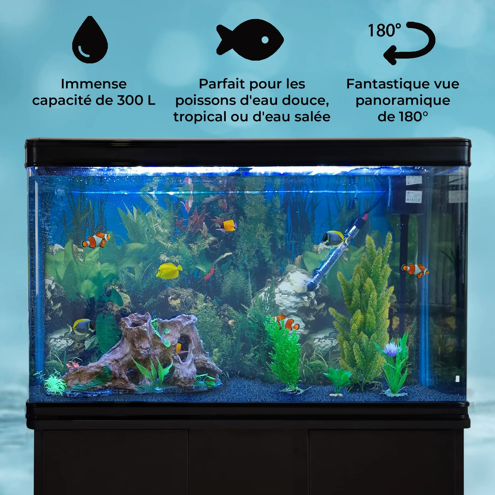 Aquarium Noir 300L Kit Démarrage Meuble 143,5x120,5x39cm Graviers Bleu
