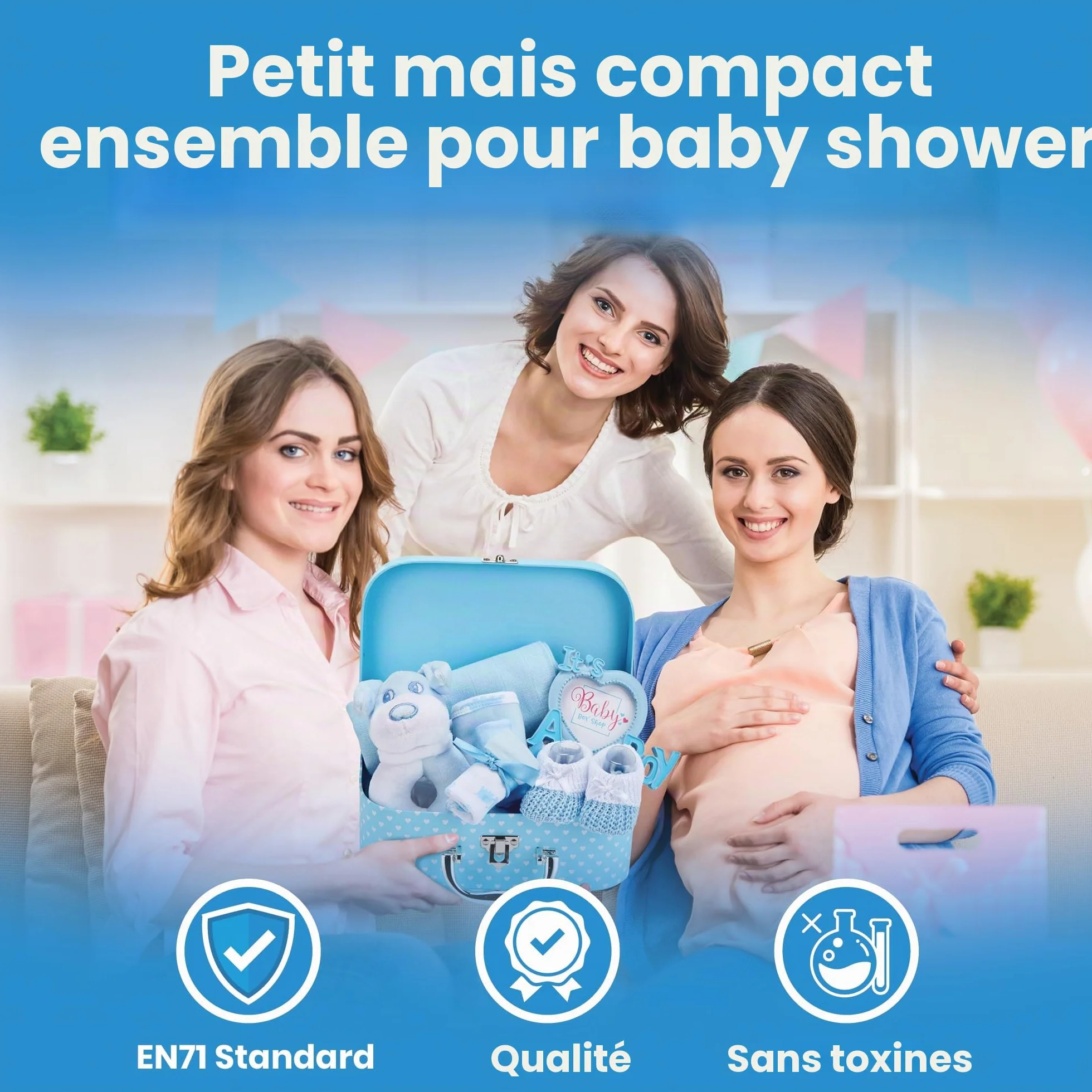 Coffret Naissance Bébé Garçon avec Cadeaux Hochet Cadre Photo Linge Mousseline Bavoir Chaussettes Mitaines Bonnet