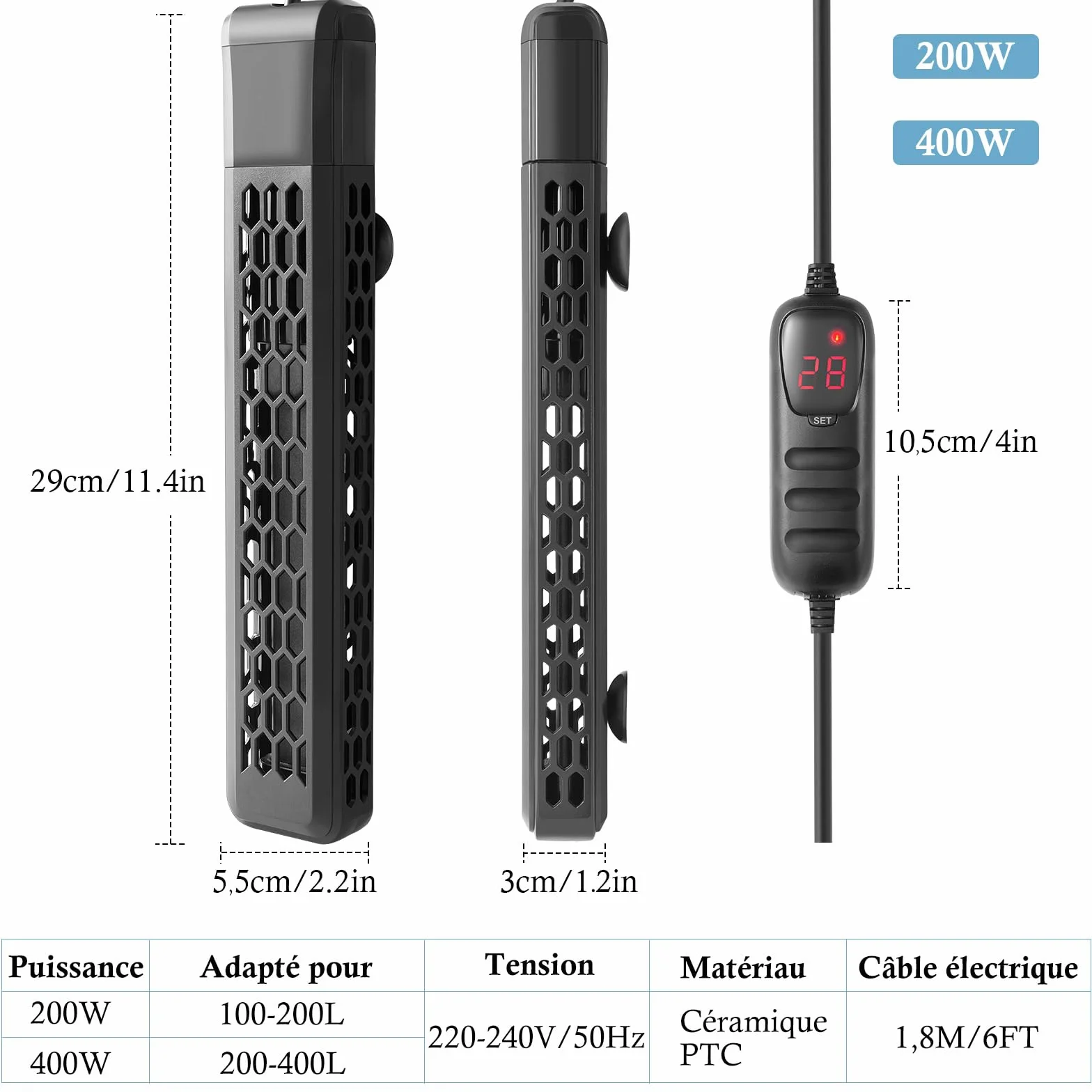 200W Chauffage PTC d'Aquarium avec Contrôleur, Chauffage Numérique pour Aquarium et Bassin à Tortues de 100 à 200L, Chauffage Immergé d'Aquarium avec Couvercle de Protection