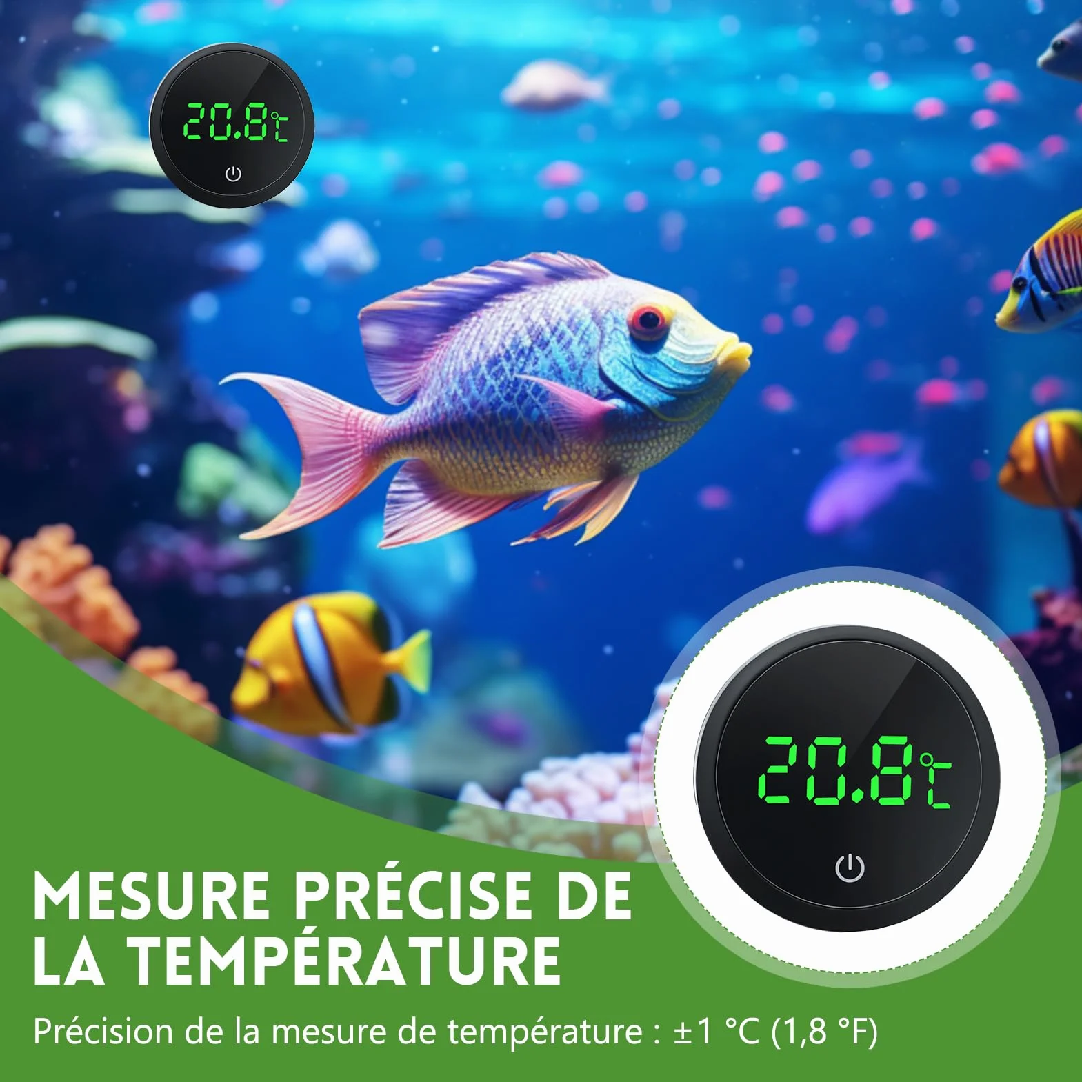 Thermomètre d'Aquarium Numérique avec Ecran Tactile, Affichage LED, sans Fil pour Eau Douce