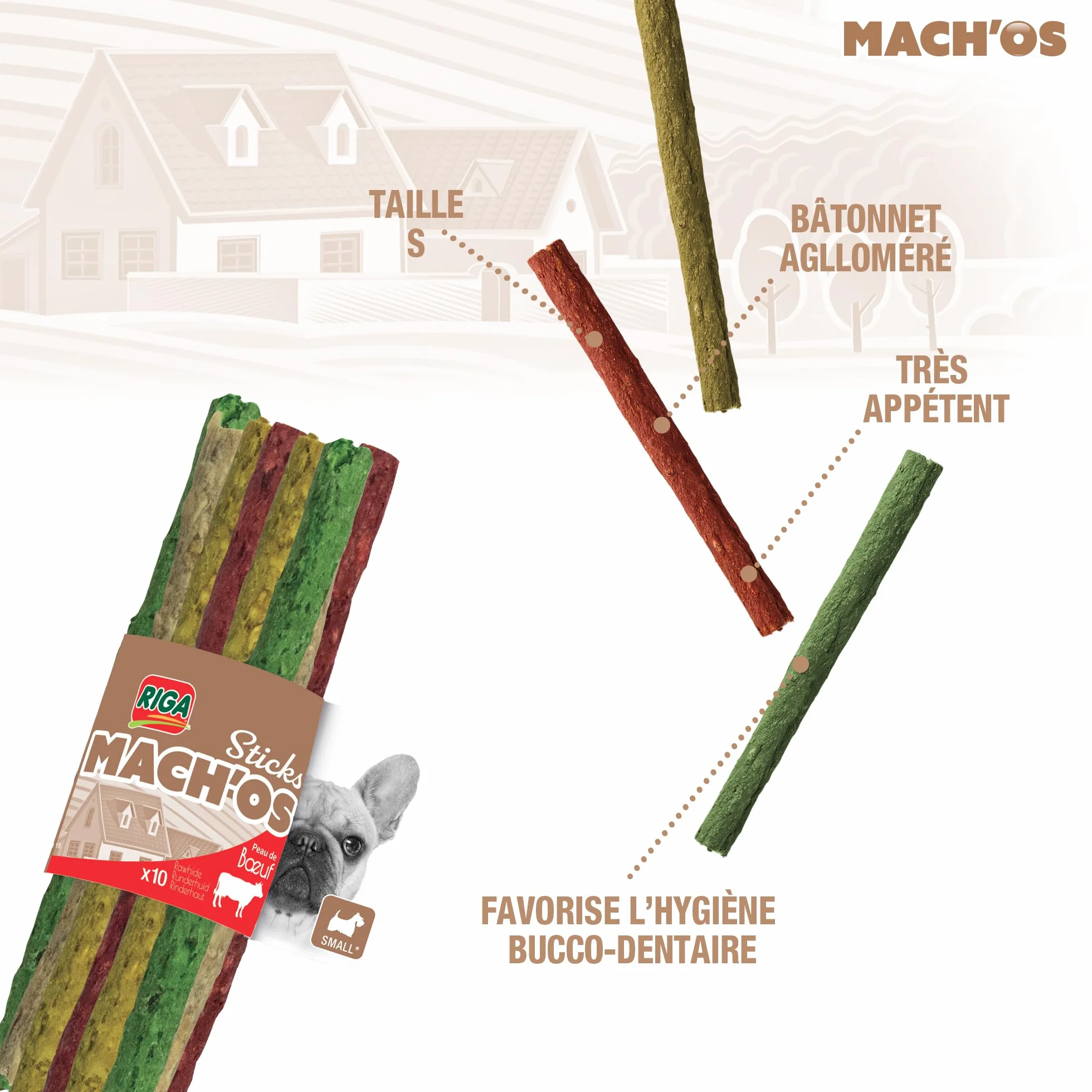 RIGA - Mach'os - Bâtonnet Aggloméré - Friandise Chien - Peau De Buffle - Riche en Protéines - Hygiène Buccale - Mastication Et Récompense - pour Petit Chien - x 10