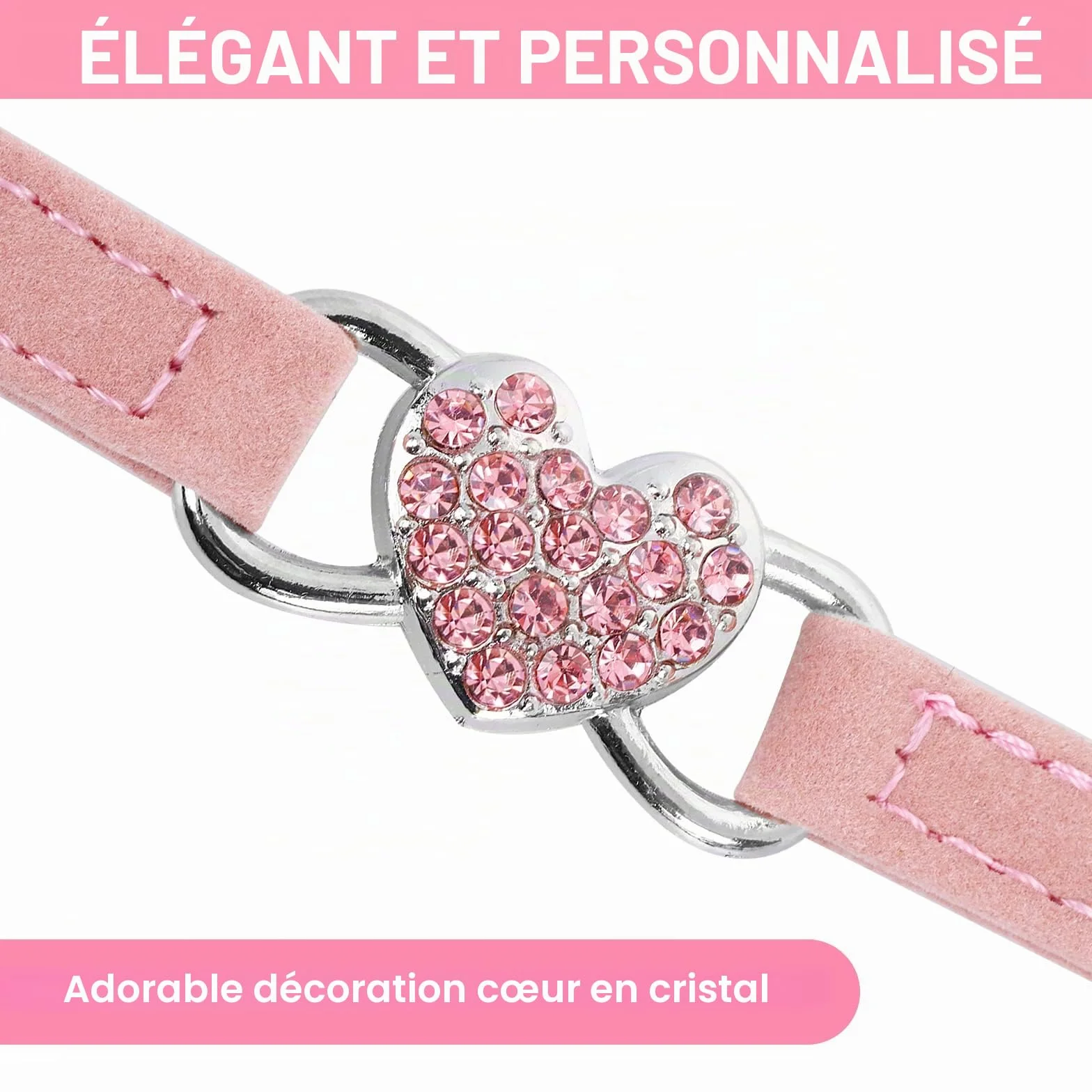 Collier de chat en forme de cœur avec clochette réglable, collier strass pour petit chien chat rose