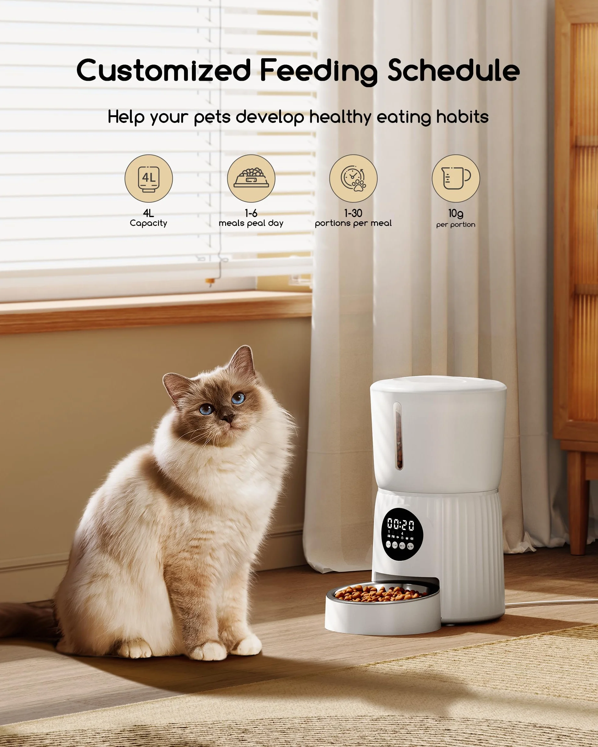 Faroro Distributeur Croquettes Chat Automatique 4L Contrôle Portions Enregistrement Vocal 10s Alimentation Lente Blanc