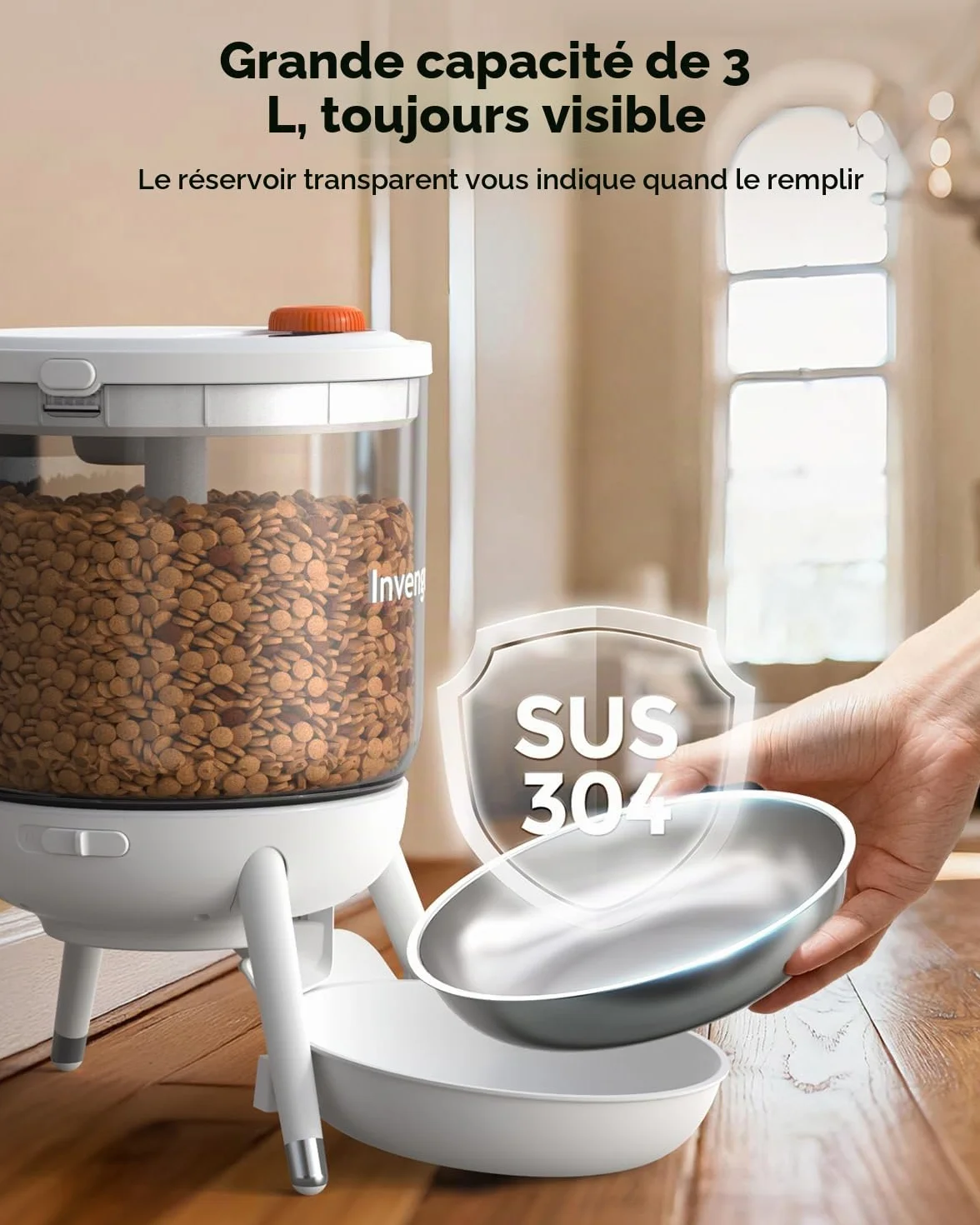 Distributeur Croquettes Chat Automatique Programmable Invengo, Double Alimentation, Anti-Insecte, Trémie 3L, Blanc