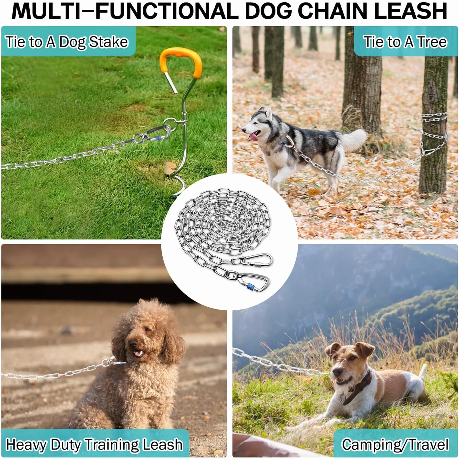 Chaîne robuste pour chien de cour 12,2 m métal résistante à la mastication crochet pivotant solide extérieur