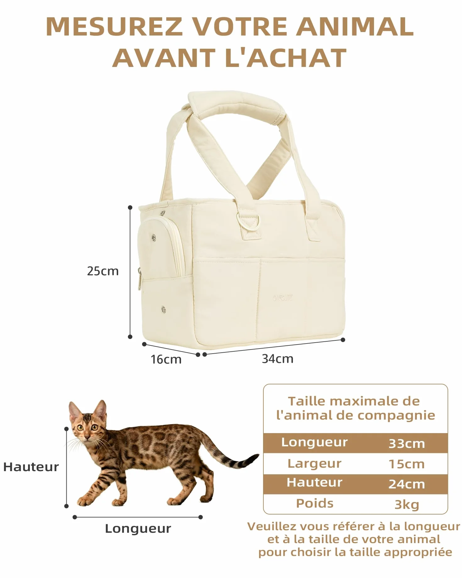 ONECUTE Sac de Transport pour Chat Chien Respirant Pliable Voyage jusqu'à 3 kg Beige
