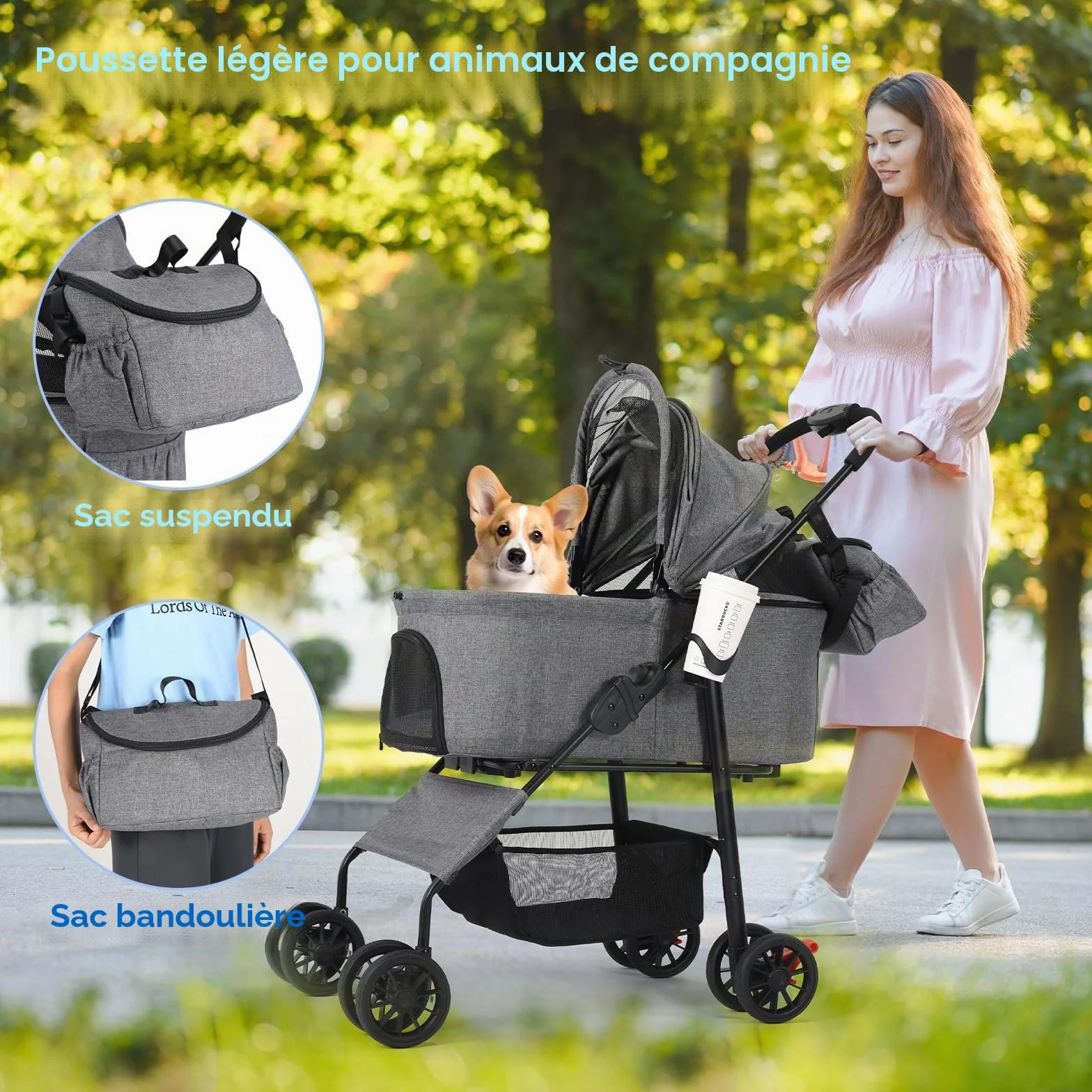 MAMIZO Poussette pour chien 3 en 1, jusqu'à 20 kg, 4 paires de roues doubles à 360 °, livrée avec un sac à bandoulière, poussette pliable pour chiens de petite/moyenne taille et chats, Gris