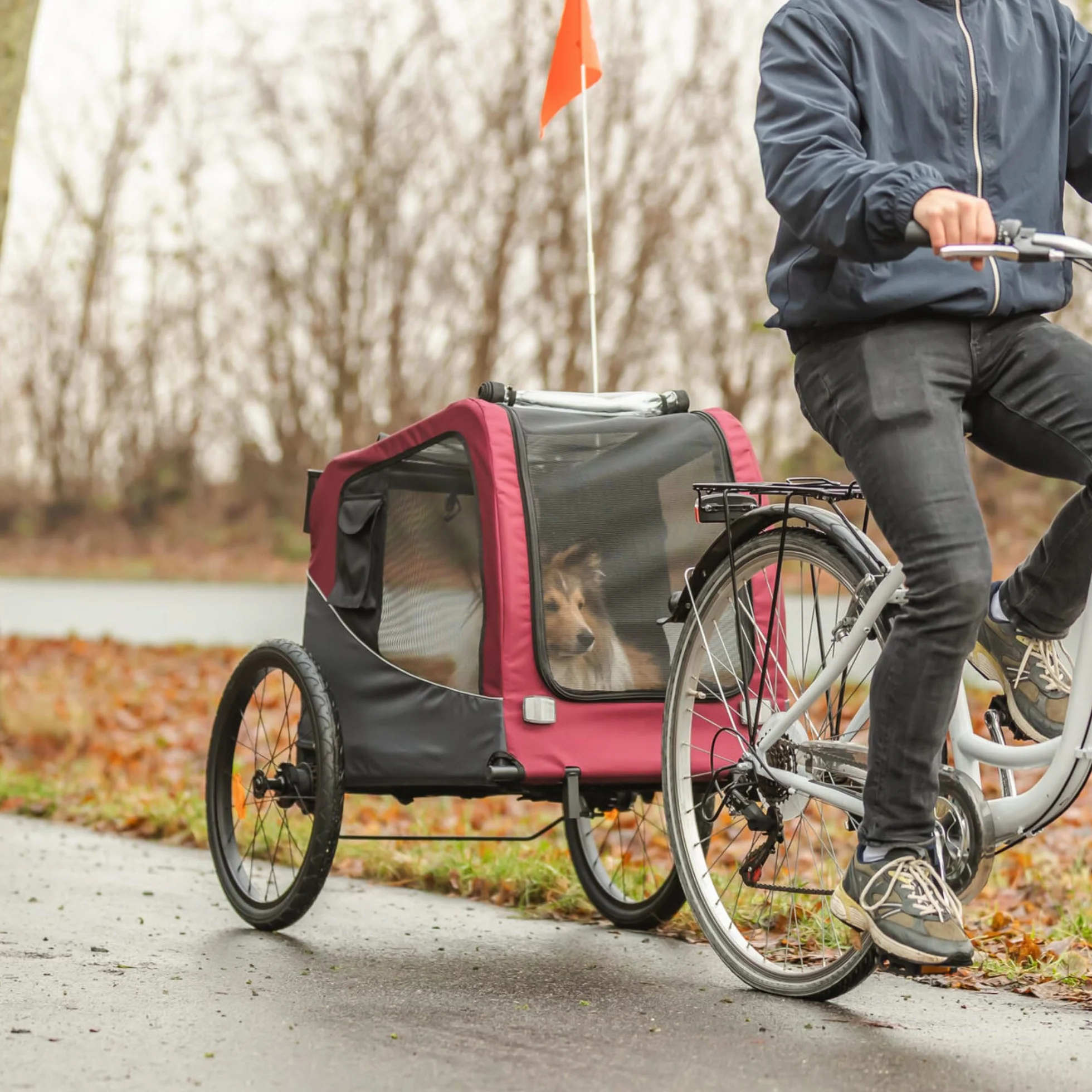 Trixie Remorque vélo pour Chien Transport sûr Pliable Gris Rouge Taille M 63 x 68 x 75/137 cm