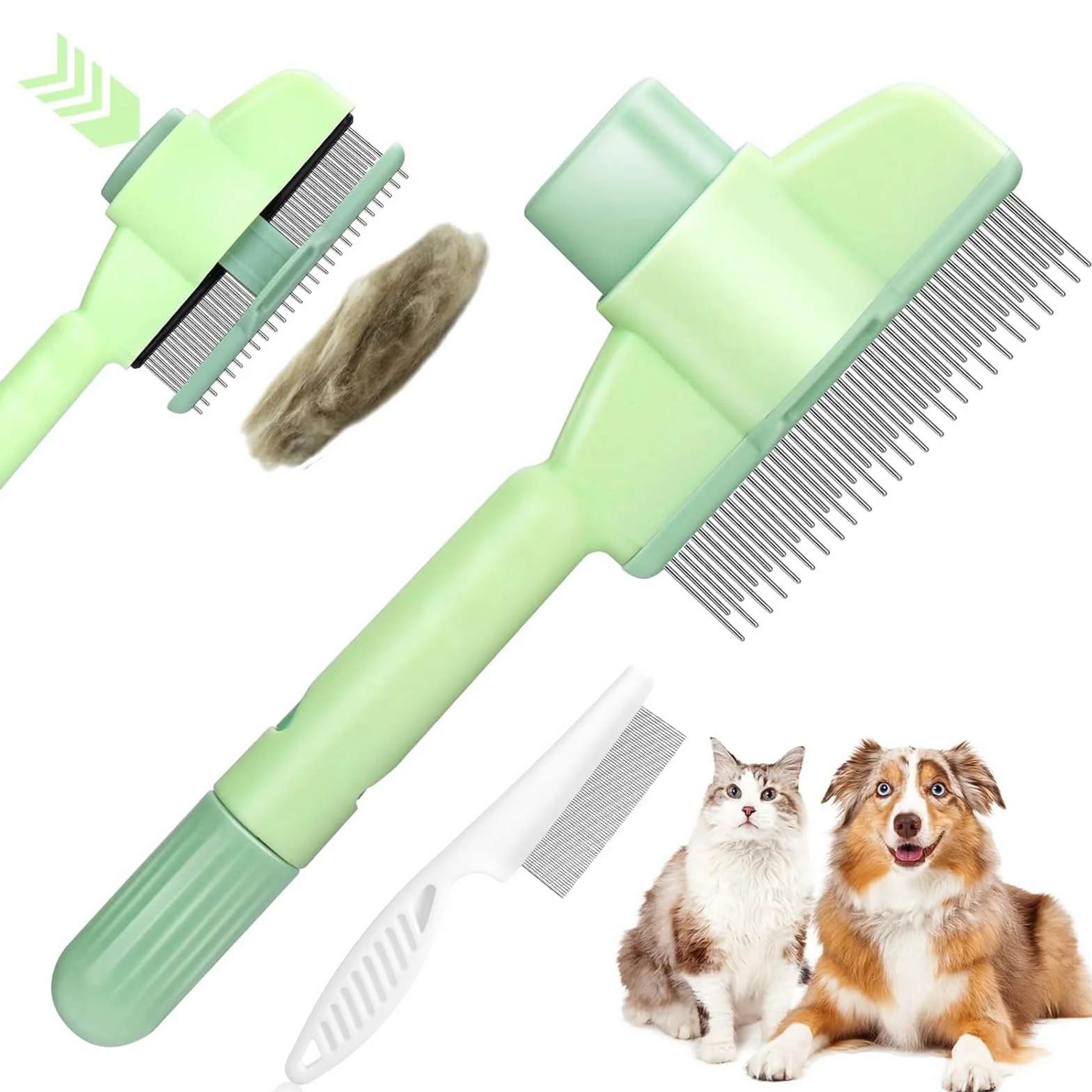 Brosse autonettoyante pour animaux de compagnie - Peigne à puces pour chat et poils longs/courts - Vert