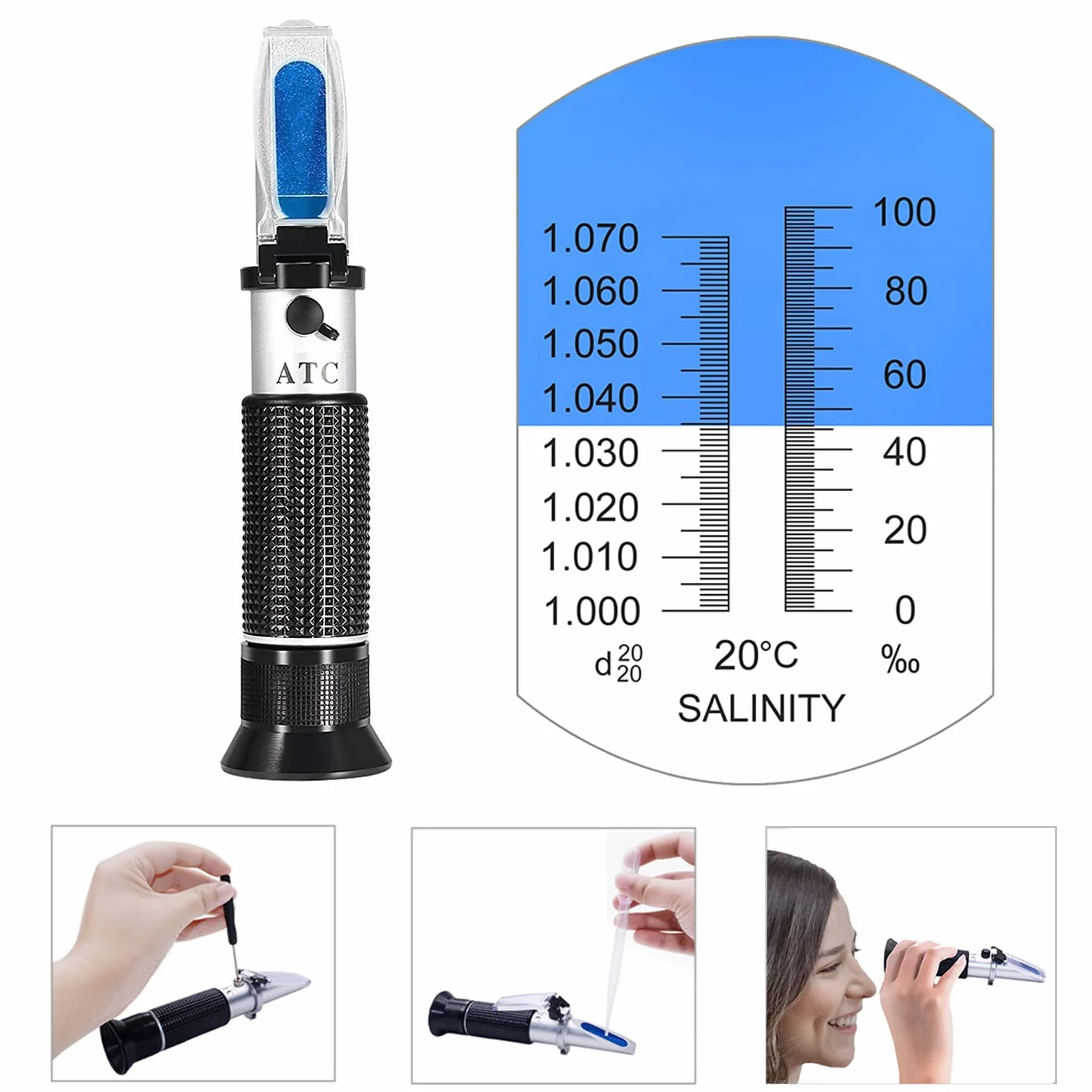 Salinité portable 0-100 ‰ double échelle 1,0-1,070 S.G concentration de chlorure de sodium