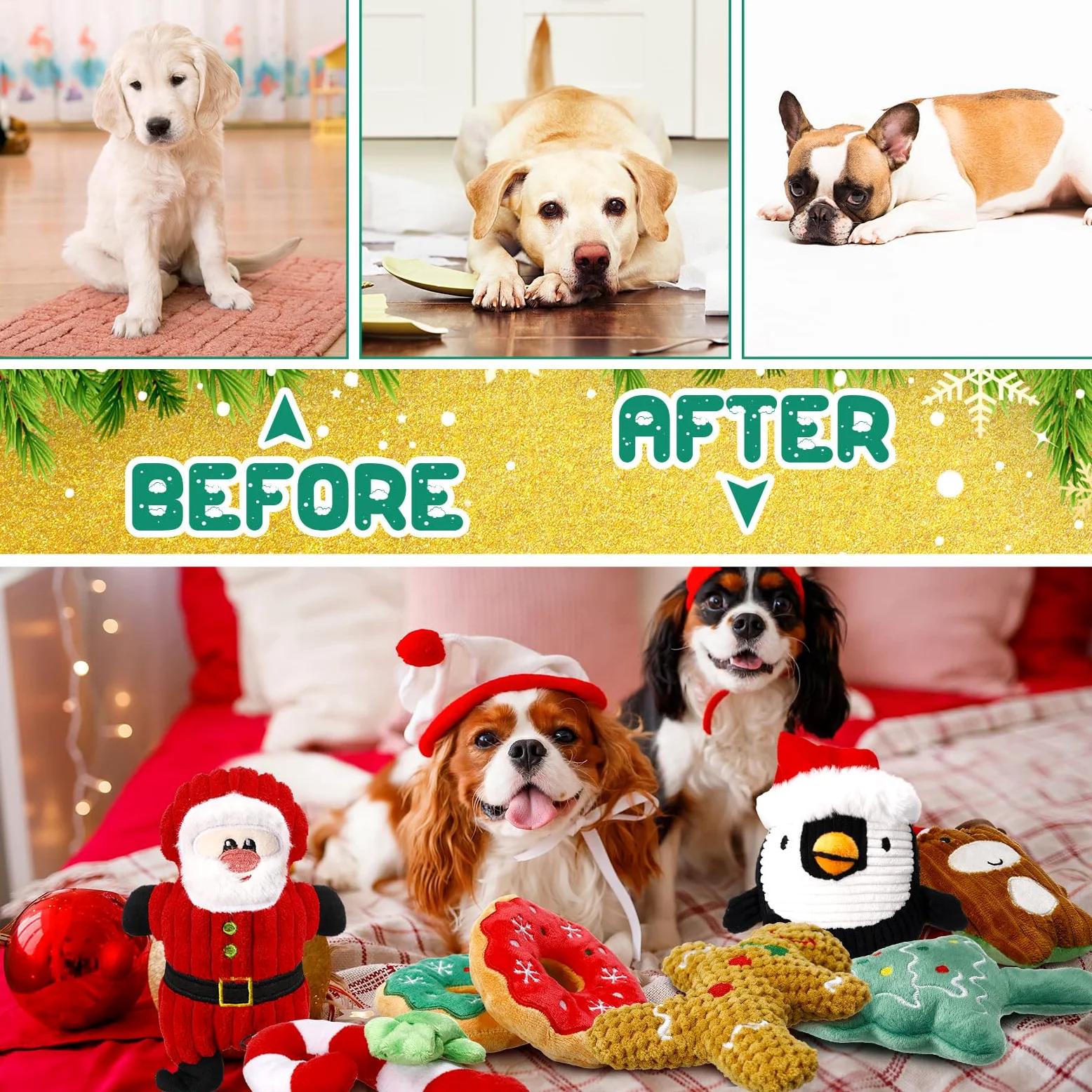 Lot de 8 jouets de Noël pour chien - Jouets couineurs interactifs en peluche avec couineur pour chiens de petite, moyenne et grande taille - Nettoyage des dents