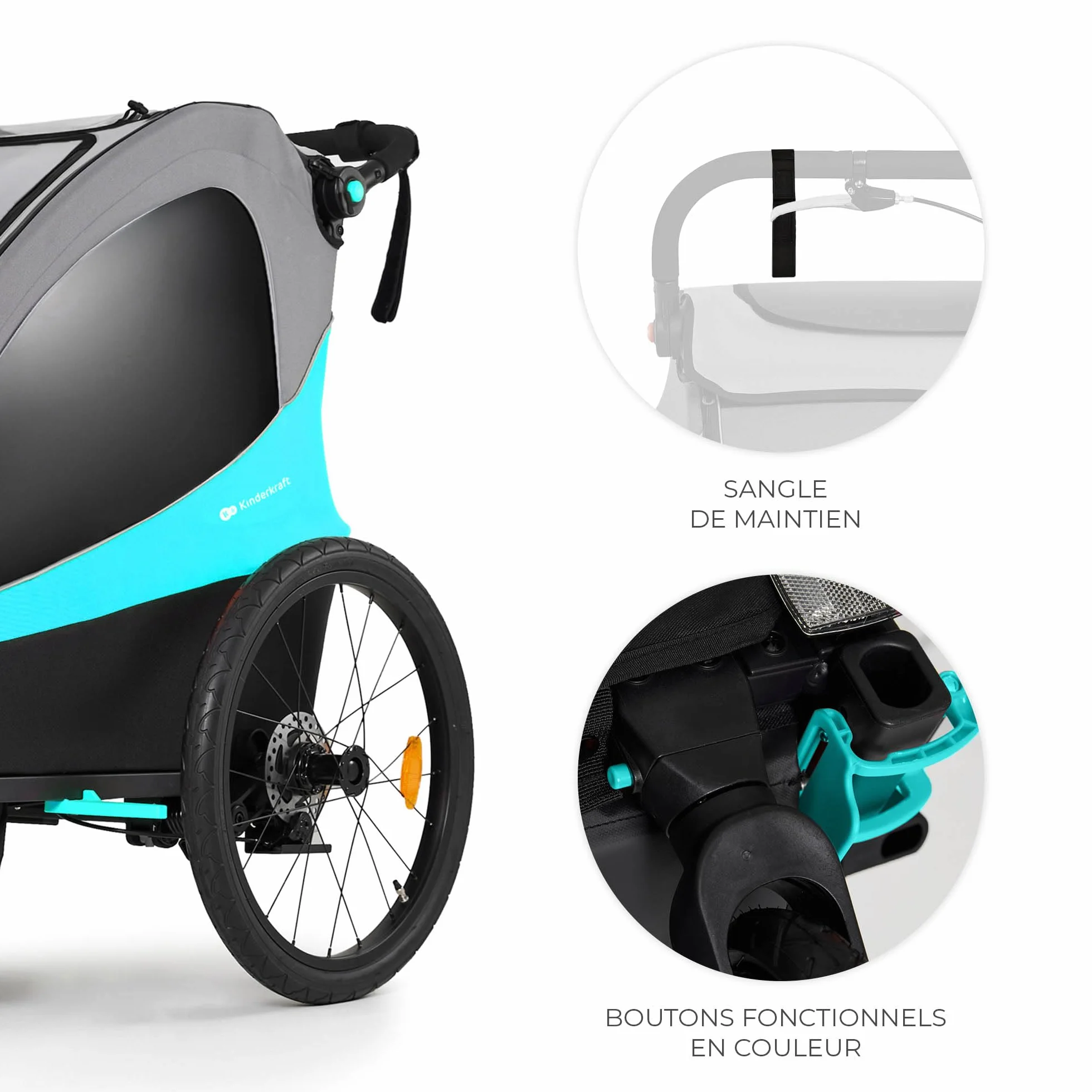 Kinderkraft NAVA 3-en-1 Remorque pour enfants Poussette Jogger Landau Remorque à vélo 2x22kg Protection pluie insectes Bleu