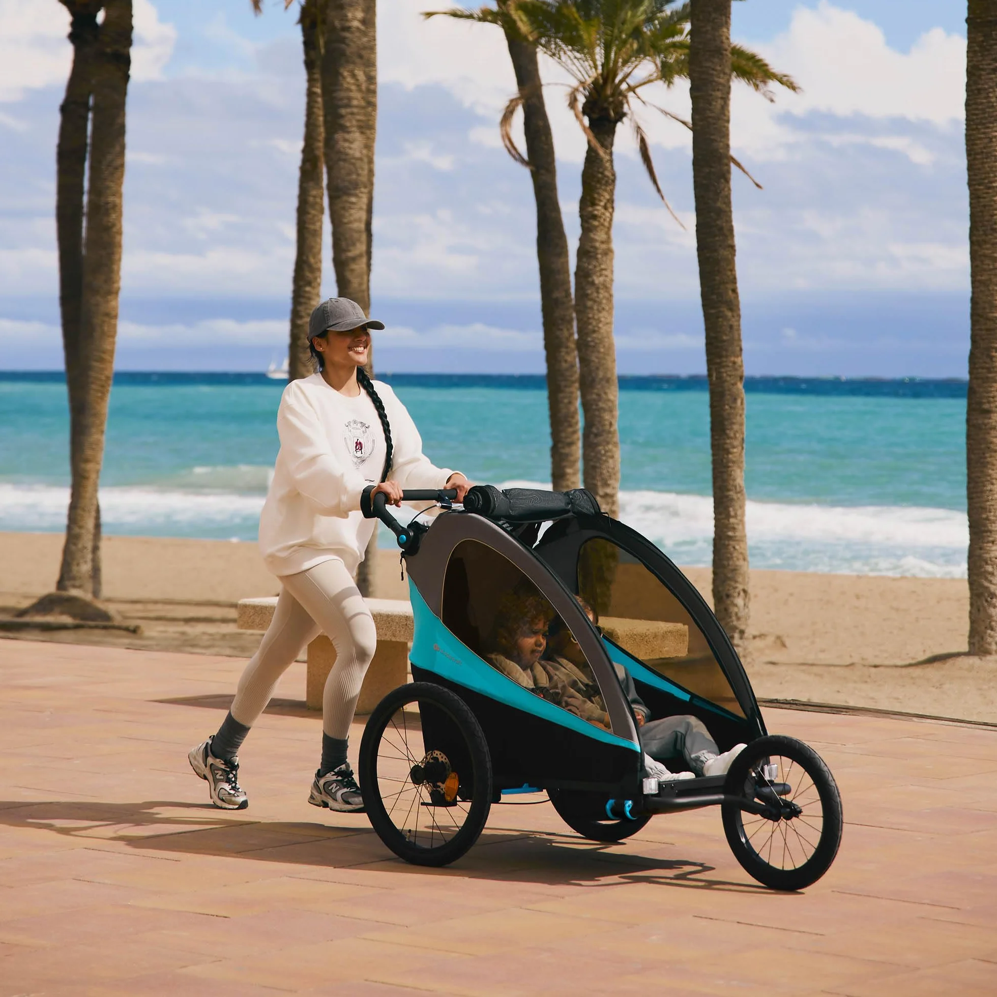 Kinderkraft NAVA 3-en-1 Remorque pour enfants Poussette Jogger Landau Remorque à vélo 2x22kg Protection pluie insectes Bleu