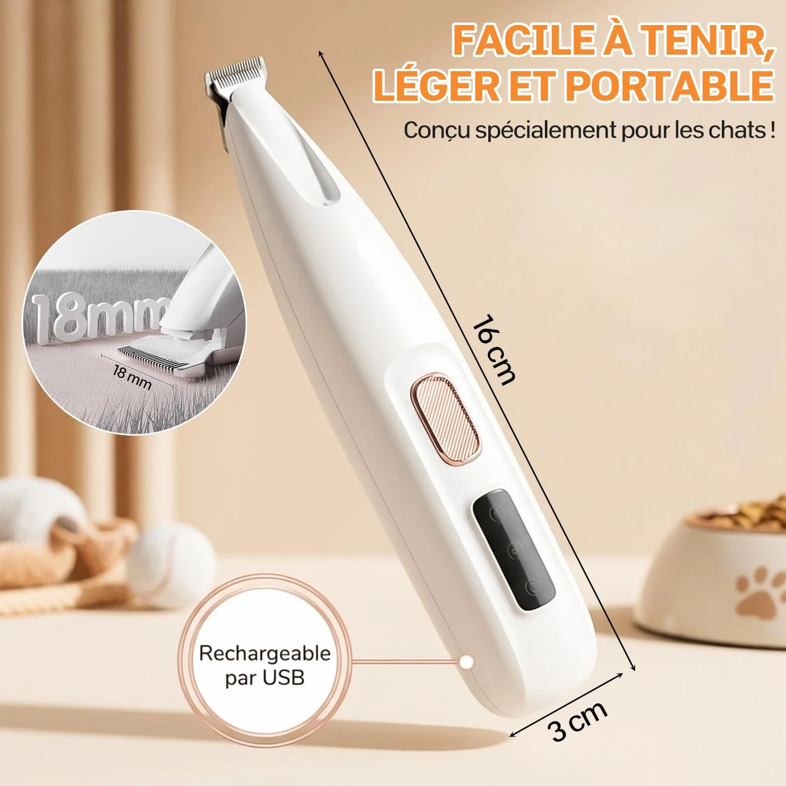Tondeuse Électrique Ultra-Silencieuse pour Chat, USB Rechargeable, Lames Sûres