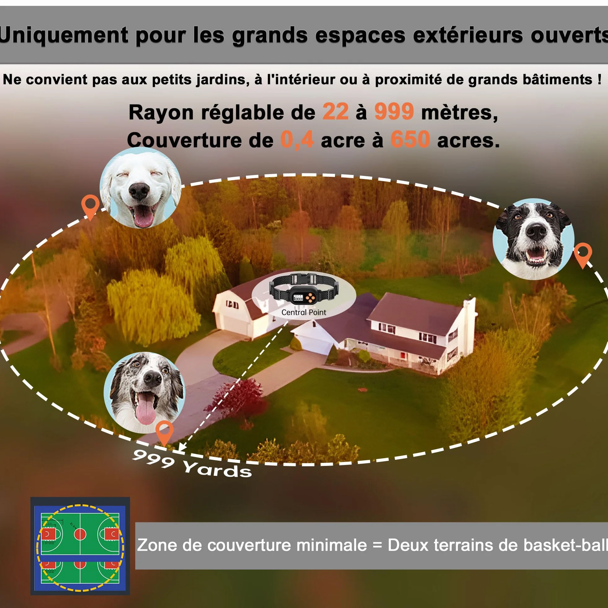 Collier Anti Fugue Chien sans Fil GPS IPX7 Étanche 3 Modes Clôture Anti-Fugue Rayon 22-999M
