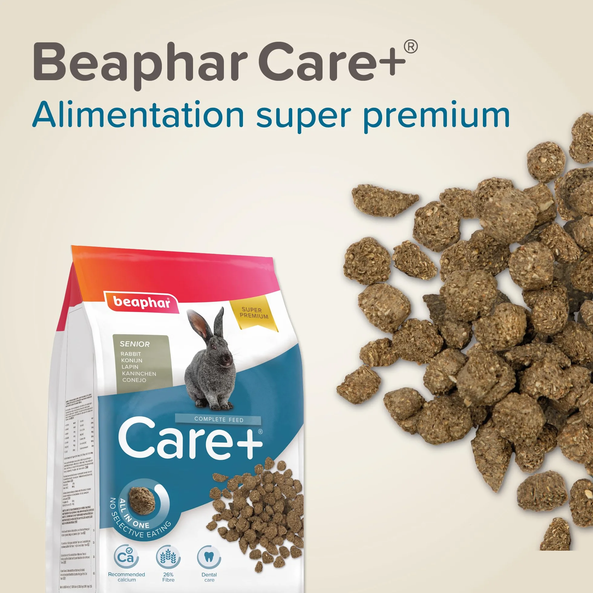 BEAPHAR Care+ Alimentation Super Premium Lapin sénior 25% Fibres Oméga 3 & 6 Faible Glucides Matières Grasses 1,5 kg