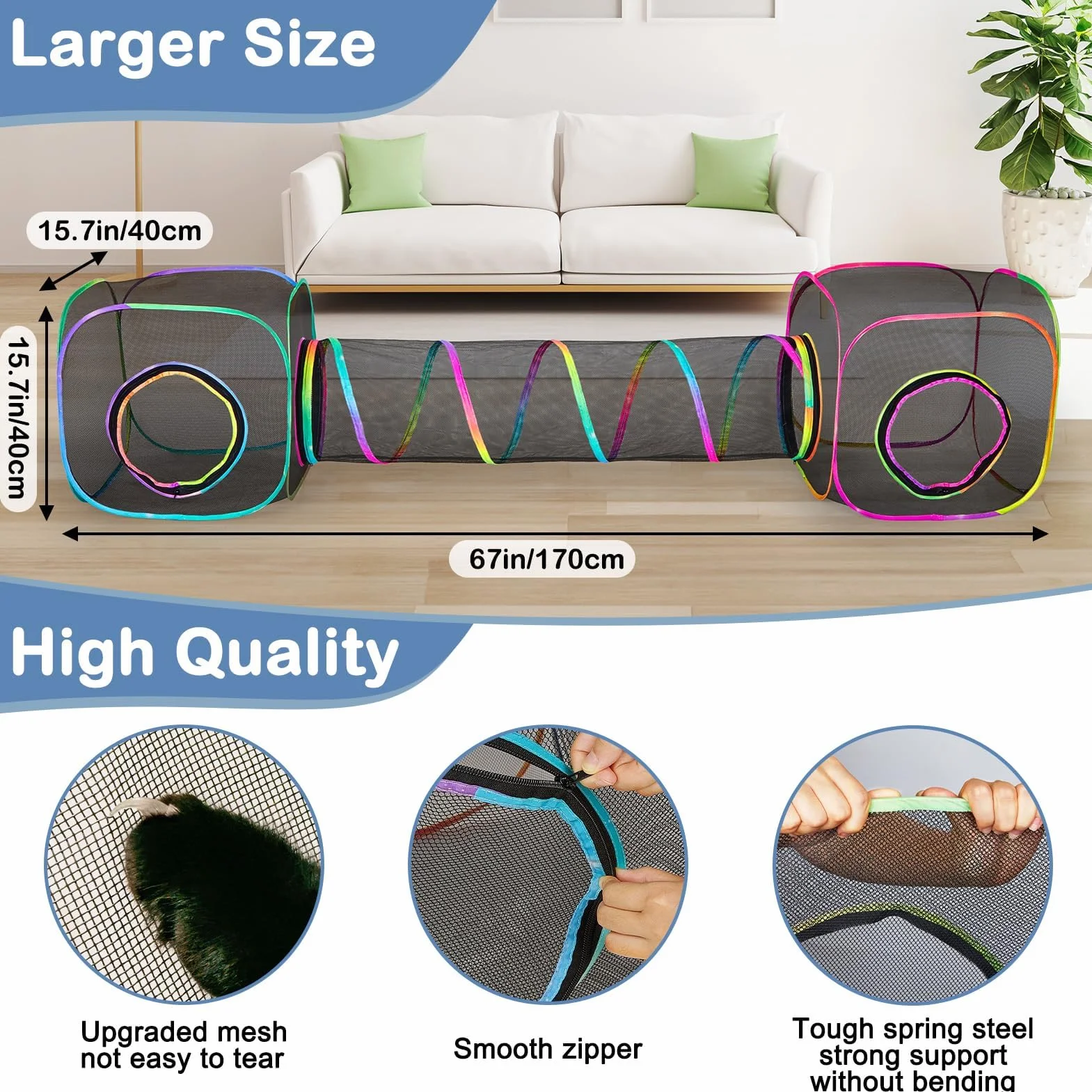 Parc Pliable pour Chats, Lapins et Petits Animaux d’Intérieur et d’Extérieur 2 Cubes 1 Tunnel