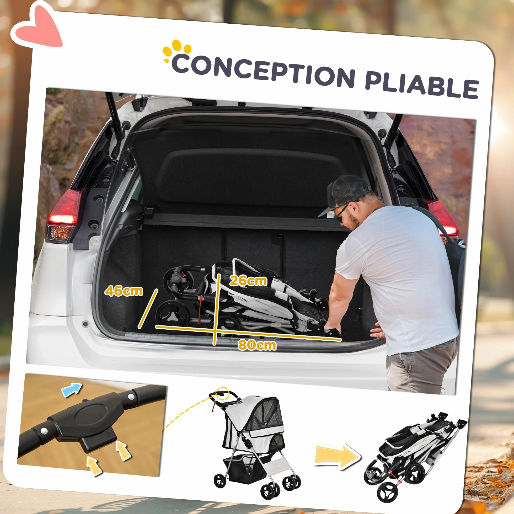 PawHut Poussette buggy pour chiens 77x45x99.5 cm pliable imperméable Oxford 600D gris